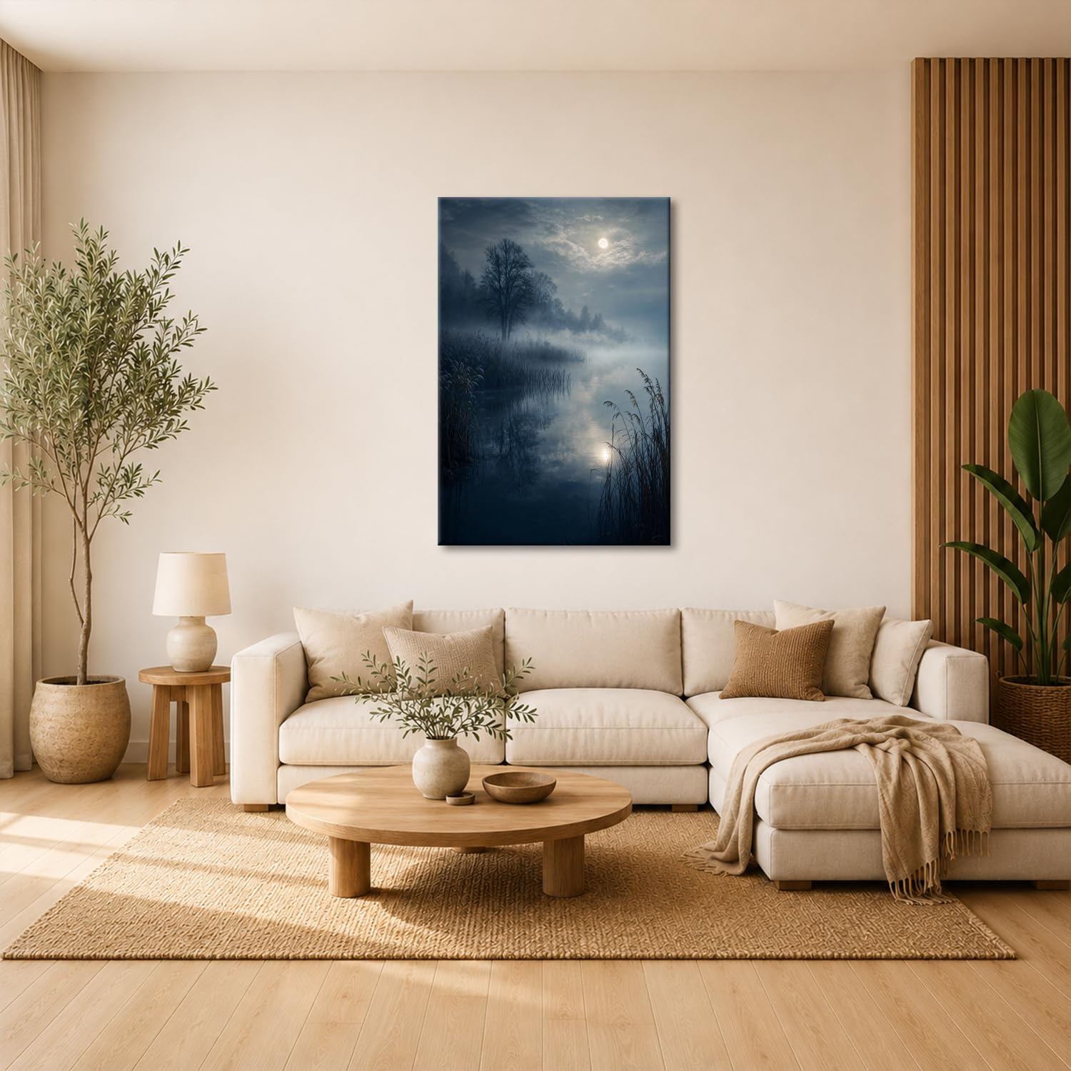 deyoli Obraz na płótnie poranna mgiełka nad spokojnym jeziorem i drzewami 60 x 40 cm kolorowy