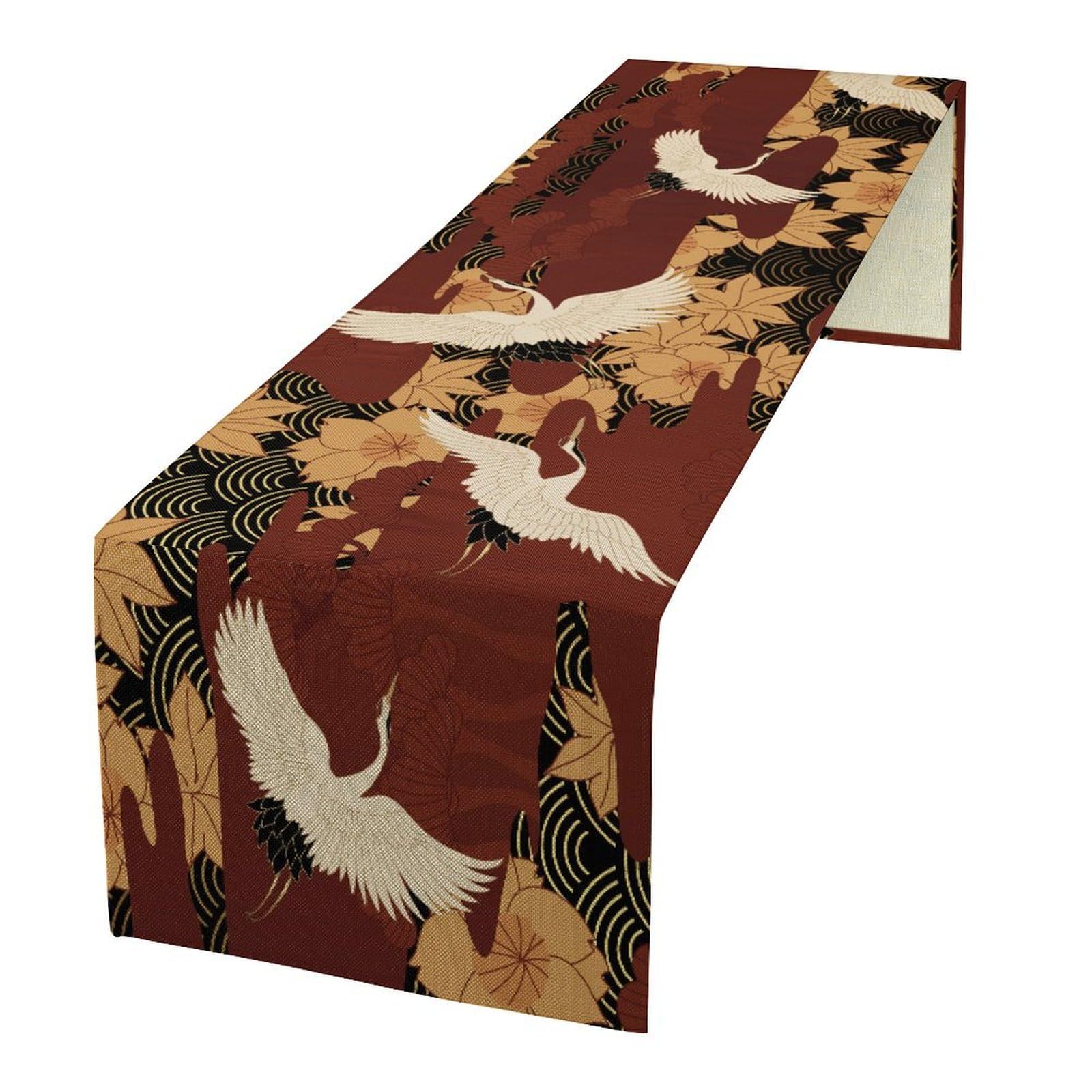 Janjcurt Asian-35 Retro Japanese Crane Table Runner, Luxury Gold Red Oriental Style Chinese Crane Bird Flower Print Table Runner For Kitchen Dining Table Holiday Party Wedding Decoration, 13X36inch