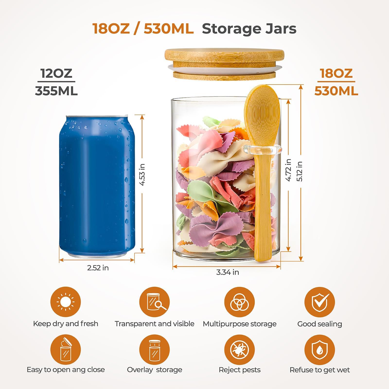 Rongbaor 3 Pack Glass Jars with Airtight Bamboo Lid and Spoon,530ml Overnight Oats Jars,Kitchen Spice Jars Storage Containers,With Waterproof Label and Marker Pen for Home Storage Cookie Candy Coffee - Image 2