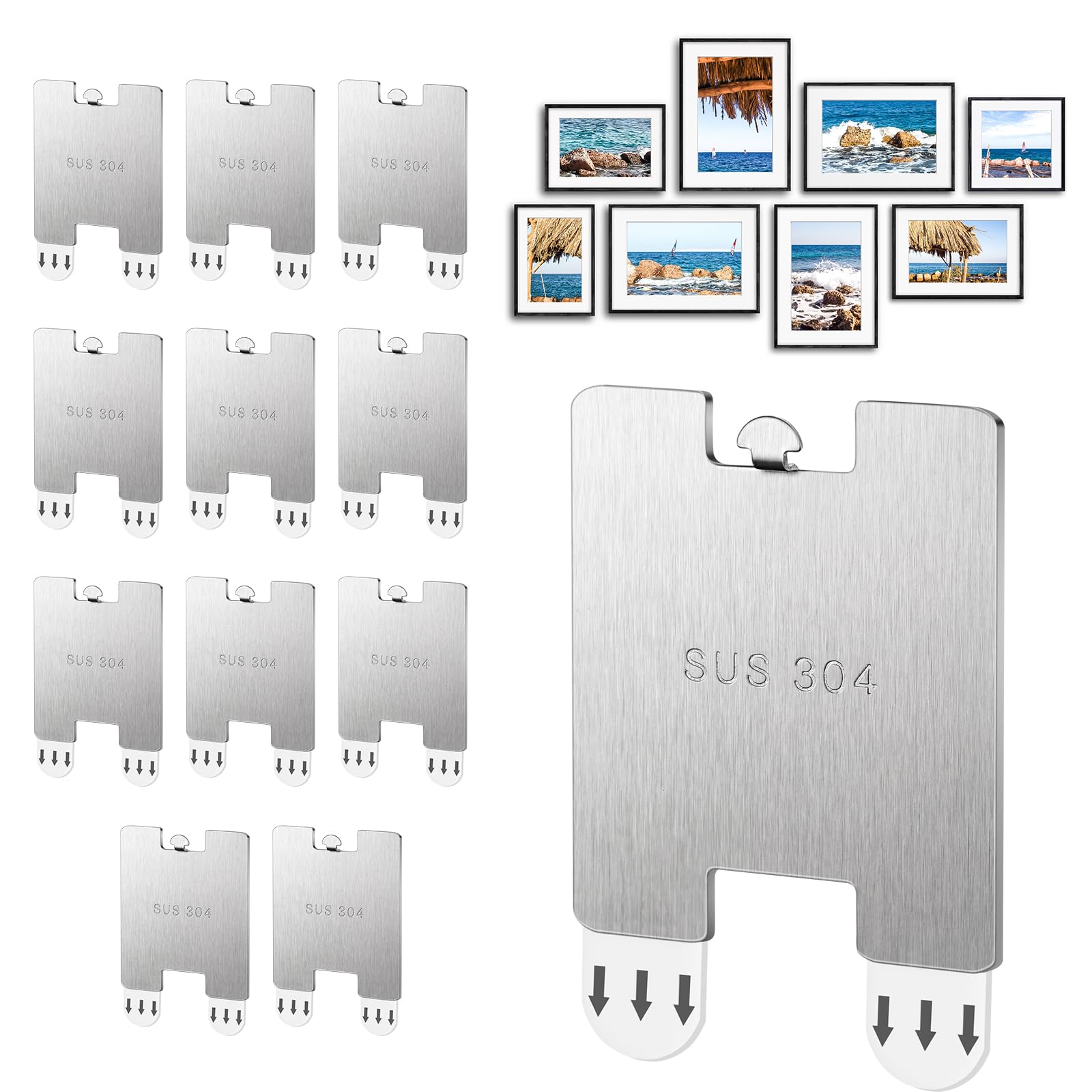 AUAUY 12 Pack Picture Hooks No Nails, Adhesive Picture Hangers with Picture Hanging Strips, Damage-Free Wall Hangers for Hanging Pictures, Wall Art, Frames Arts Home Decor, Silver