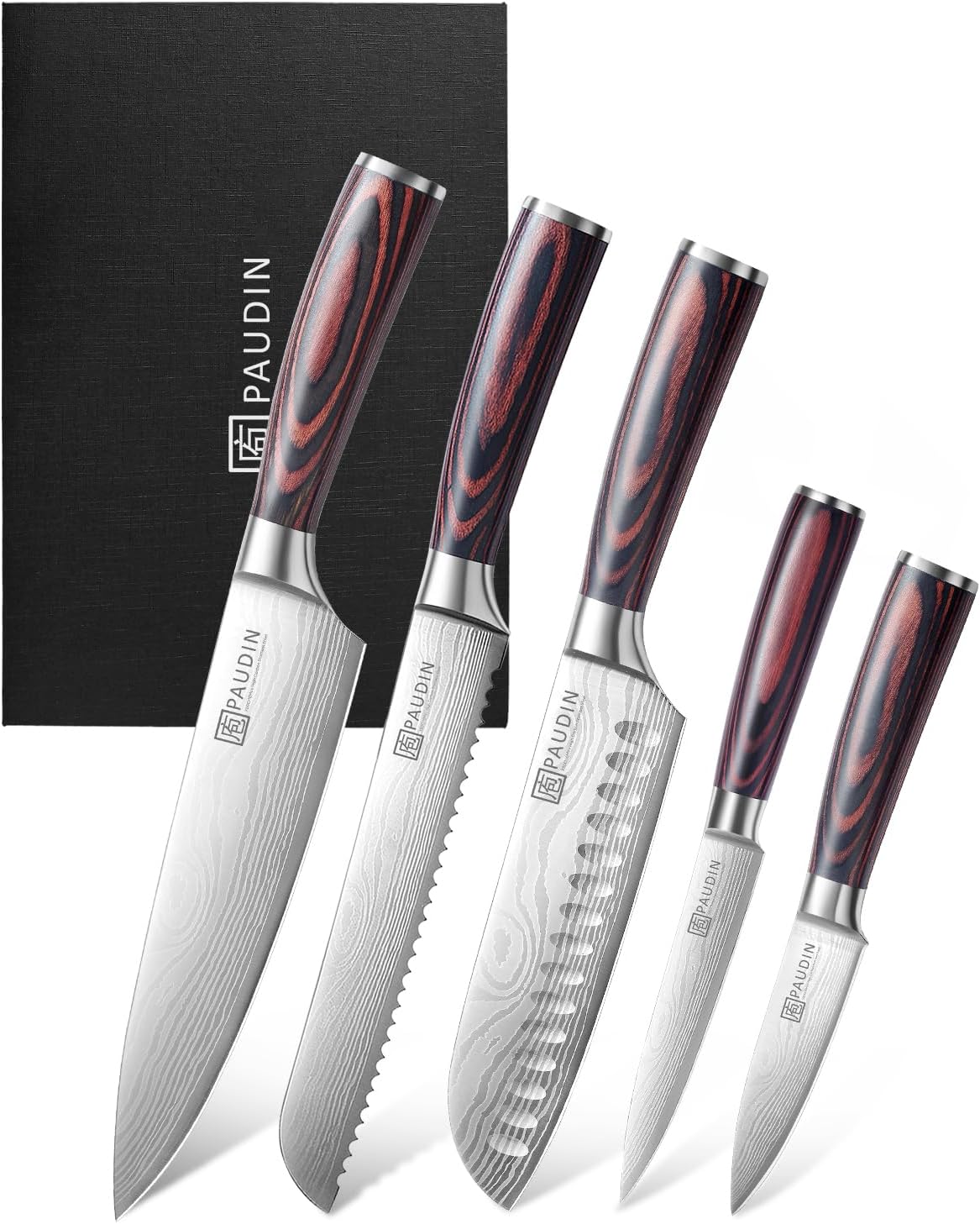 PAUDIN Knife Set, 5PCS Kitchen Knife Set without Block, Stainless Steel Chef Knife Set with Pakkawood Handle, Professional Kitchen Gift Sets for Cooking Lovers