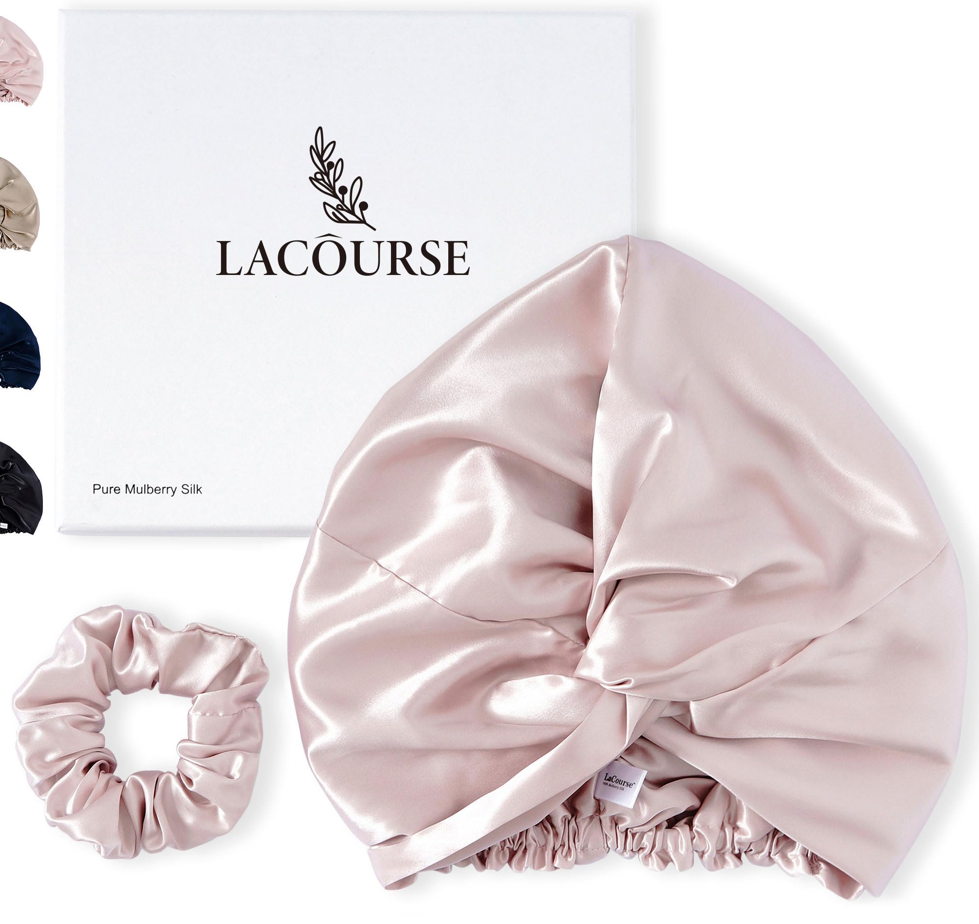 LaCourse Schlafhaube aus echter 100% Maulbeerseide, 22 Momme, Klasse 6A | Verstellbare, Doppellagige, Mit 22 Momme Seiden-Scrunchie, Seidenhaube zum Schlafen, Für Locken & Gesunde Haare, Rosa