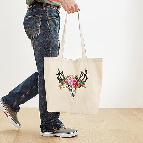 Miniatura 4 de CafePress Bolsa de lona natural con diseño de calavera de cuernos bohemios, bolsa de compras reutilizable