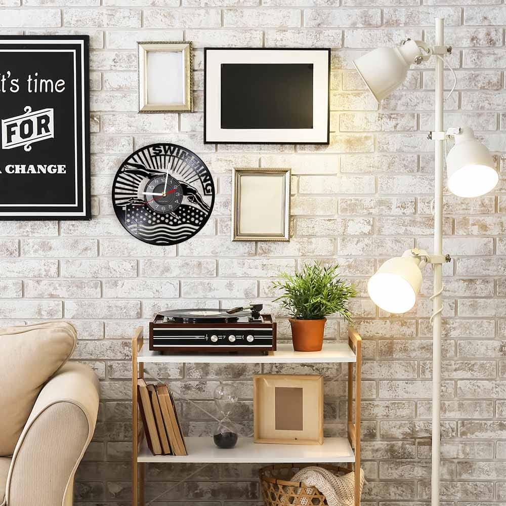12 Inch Swimming Wall Clock, Silent Quartz Non Ticking Battery Operated Modern Decorative Analog Black Vinyl Record Wall Clock for Athletes Gifts Natatorium Living Room Bedroom Decor