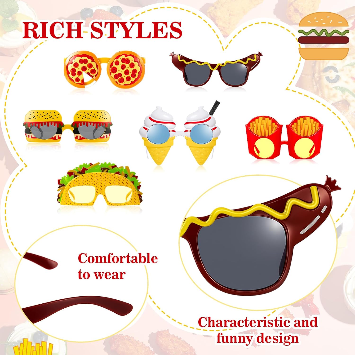 6 Pcs Fast Food Themed Glasses Novelty Funny Decorations Sandwich Sausage Hamburger Fries Cones and Pizza Sunglasses for Halloween Christmas Photo Booth Cosplay Food Birthday Parties Gifts