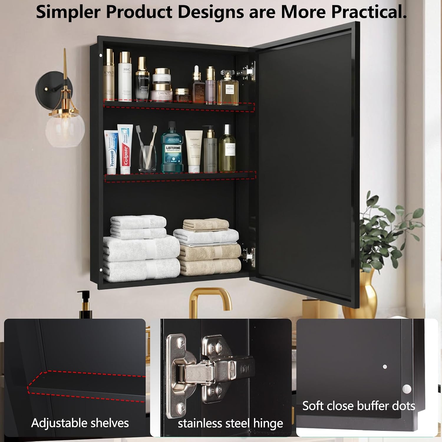 Bathroom Medicine Cabinet with Mirror, Recess or Surface Mount, Single Door Cabinet Famerhouse Bathroom Mirror with Storage Cabinet (Brush Black, 16"x26")