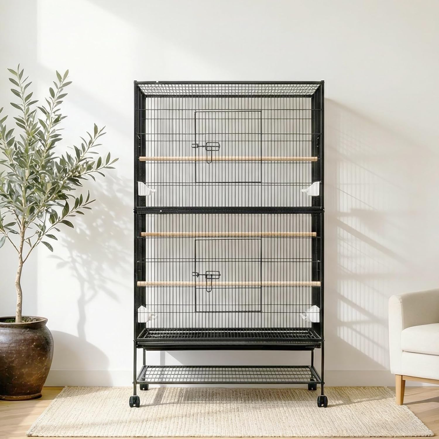 Grand cage à oiseaux roulante Pour perroquets et Grands oiseaux – Volière spacieuse et Haute 60"/61" avec Supports de Rangement, mangeoires incluses, Double étage – Idéale Pour perruches, Conures,