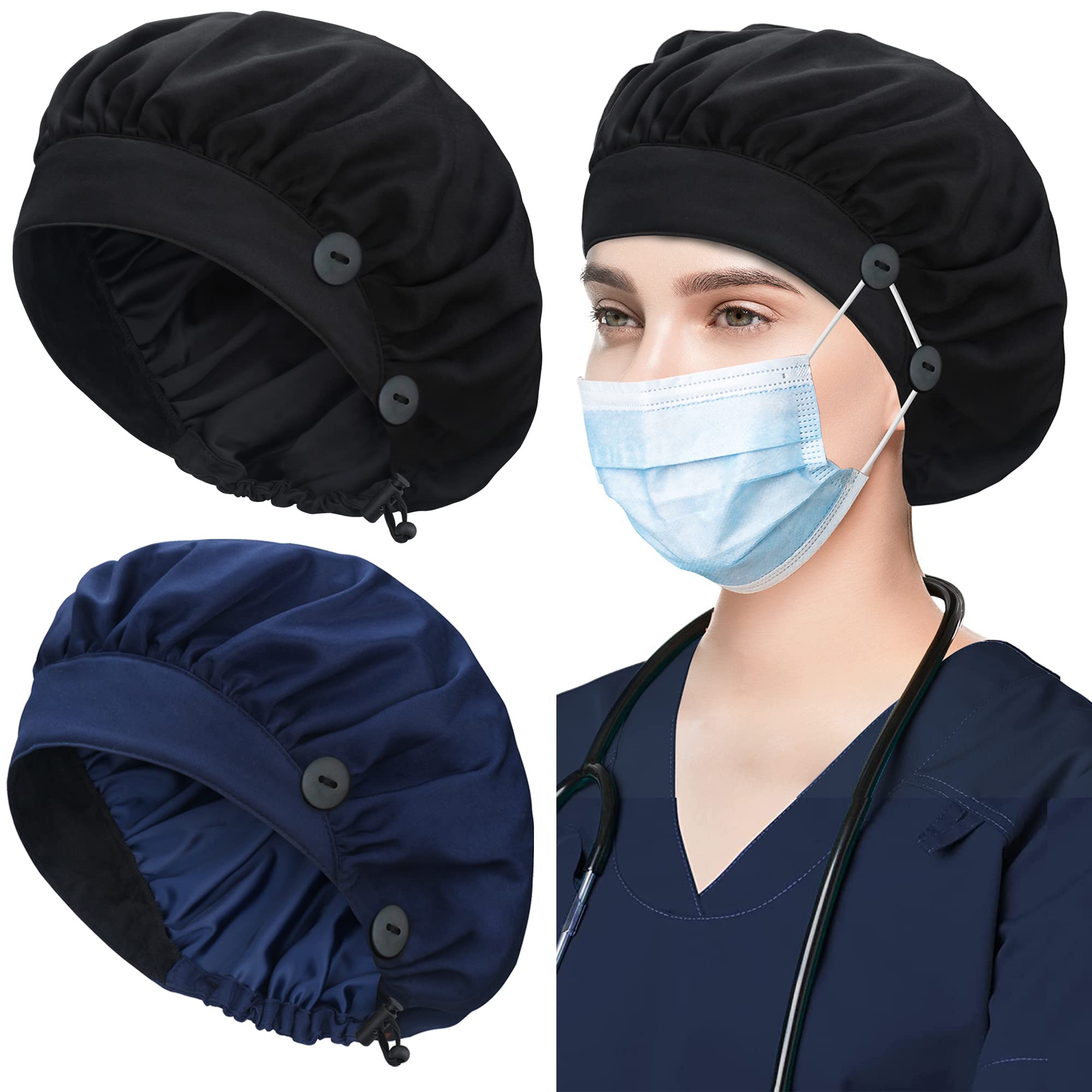 2 Pack Bouffant Caps with Button and Sweatband, Adjustable Scrub Caps for Women Men, One Size Multi Color