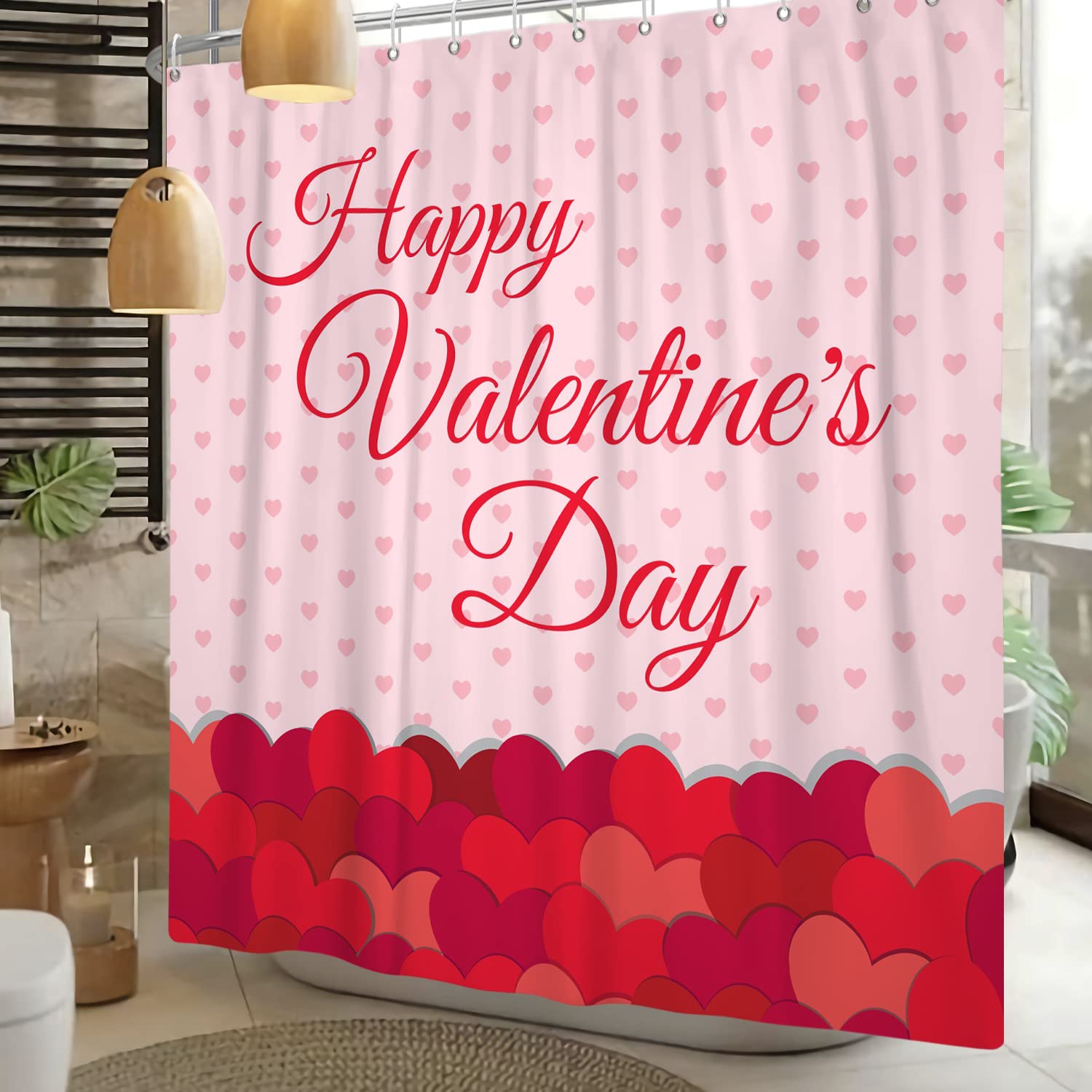 SDOTPMT 180x243cm Buon San Valentino Tenda doccia Pieno Amore Romanzo Tenda da bagno Rosa Cuore Forma Bianco Sfondo Tende da doccia per Bagno Tessuto Poliestere con ganci