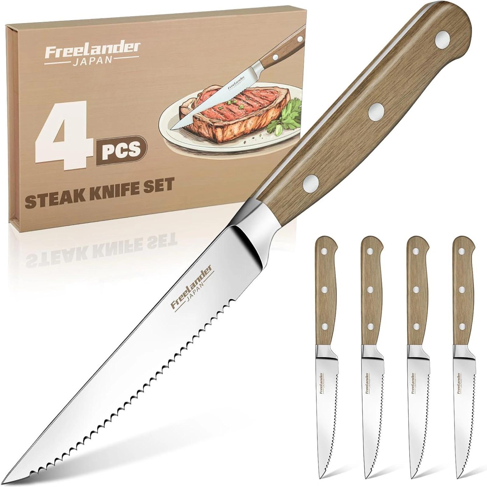 Freelander Lot de 4 Couteaux à Steak Dentelés avec Manche en Bois | Lames Dentelées Tranchantes, Manche Ergonomique en Bois, Idéal pour Steak, Viande et Repas Quotidiens