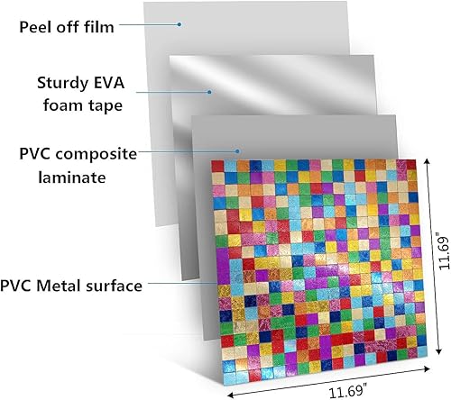 Miniatura 5 de XUANINY Azulejos para salpicaduras para despegar y pegar, adhesivo de mosaico de metal con superficie cuadrada de aluminio arcoíris, adhesivo de