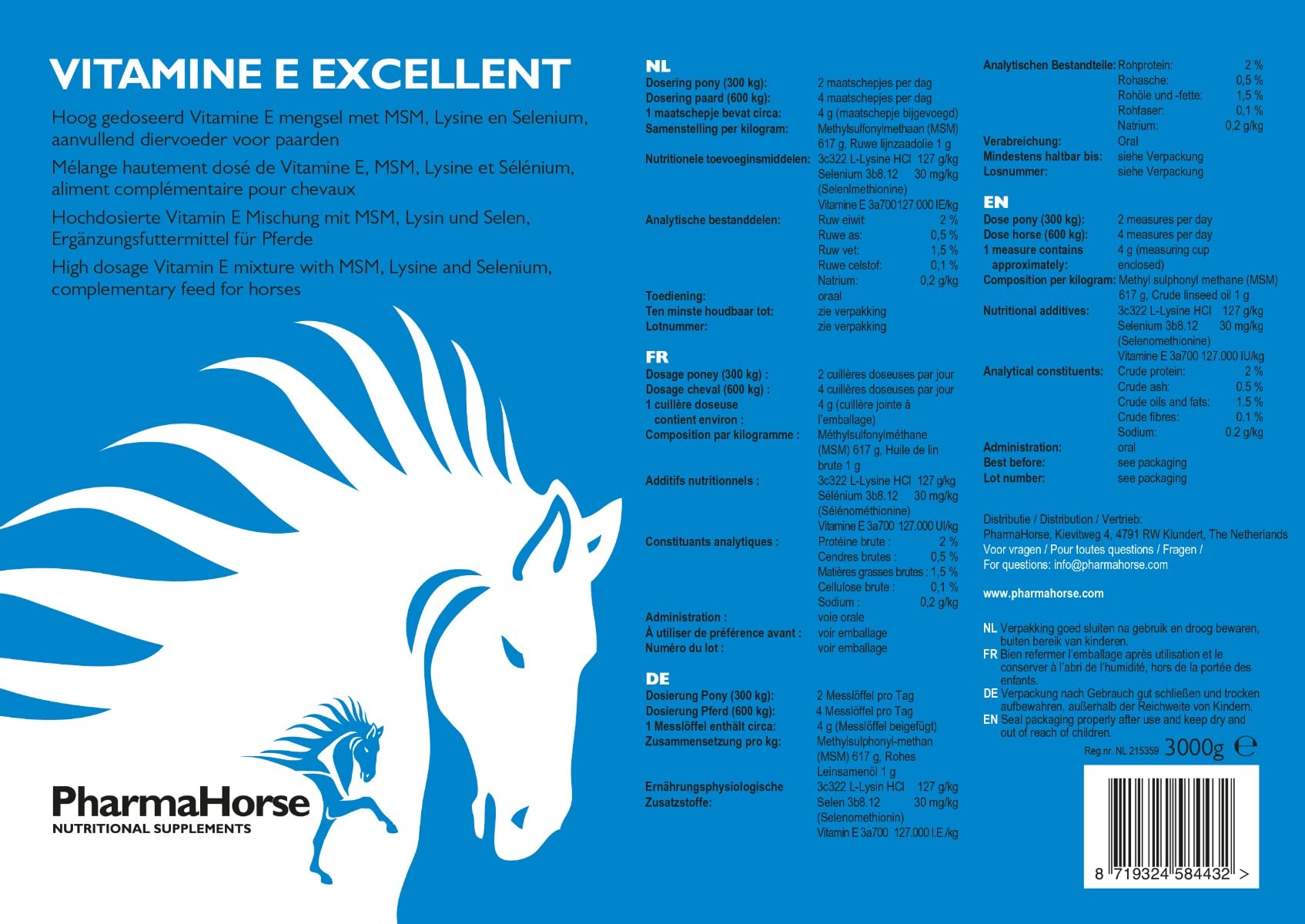 PharmaHorse Vitamina E Eccellente | Sistema Immunitario Naturale | con Selenio | Alto Dosaggio | 3000 Grammi