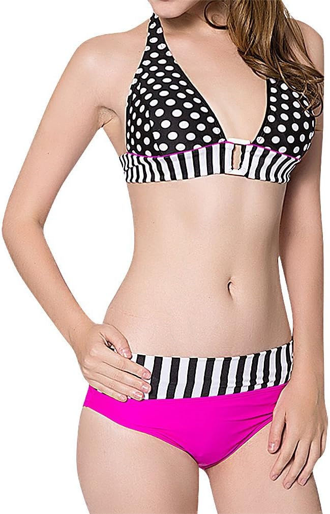 BKNY, Women's 2 Piece Polka Dot Black White Striped Pink Bottom Bikini Set, 1 M (Manufacturer size L)
