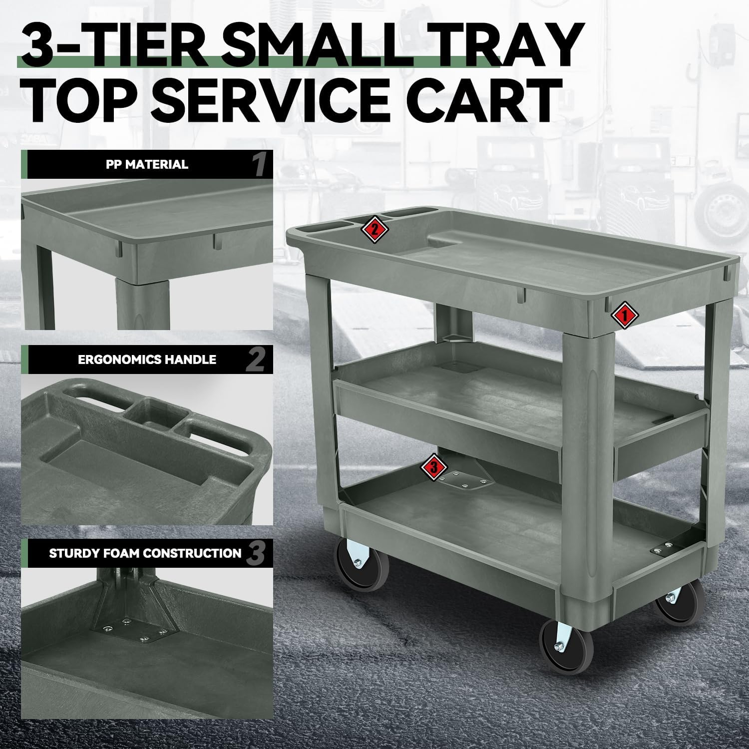 Auto Dynasty 3-Tier Rolling Utility Cart Heavy Duty Plastic Service Cart with Handle and Full Swivel Wheels for Warehouse Garage Workshop, 34" x 17" x 30.7"