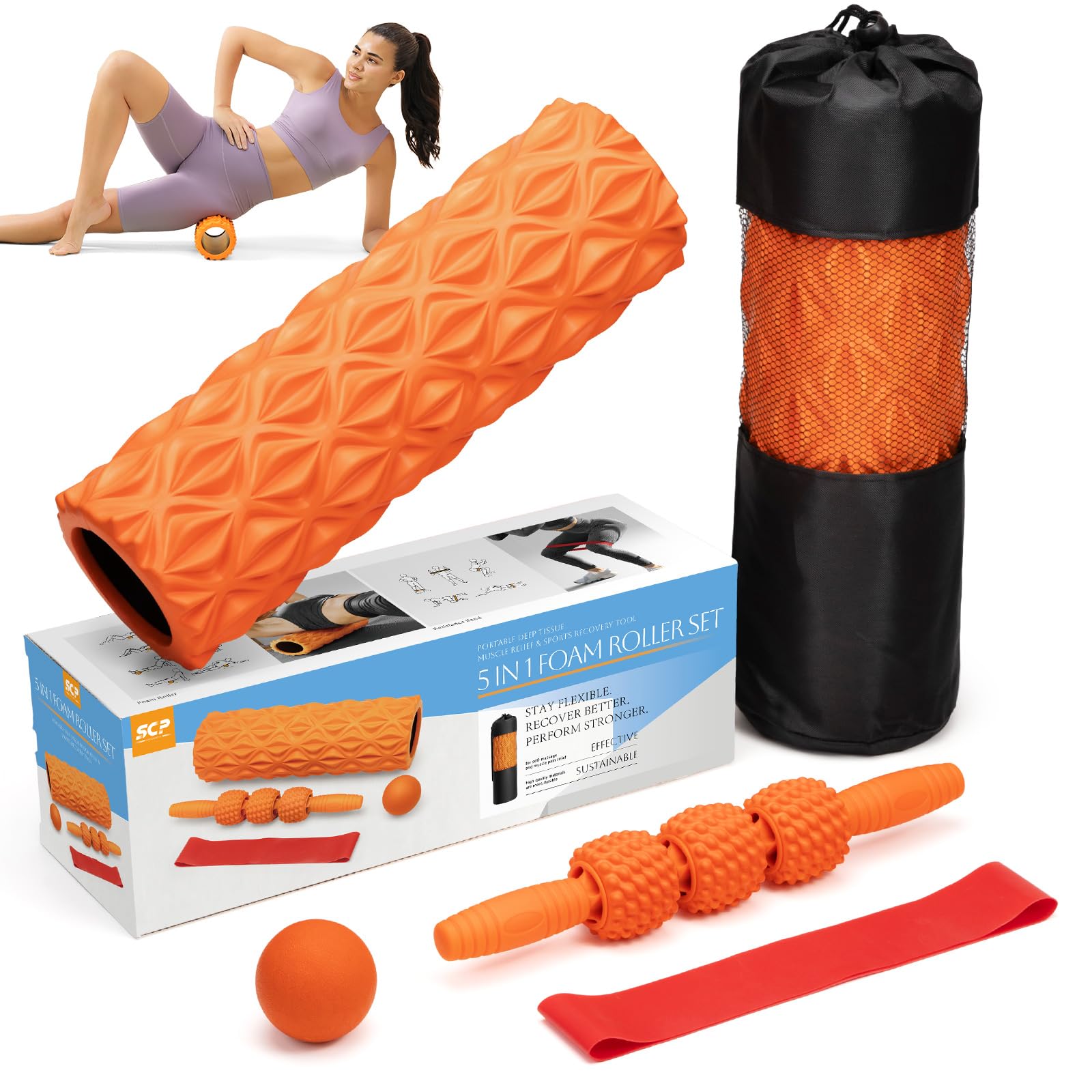 5 in 1 Foam Roller Set für Tiefengewebe-Muskelmassage, Mediem Density Rückenrolle, Triggerpunkt Fitness Übung Foam Roller, Massageroller, Massageball, Dehnungsgurt, für Ganzkörperentlastung