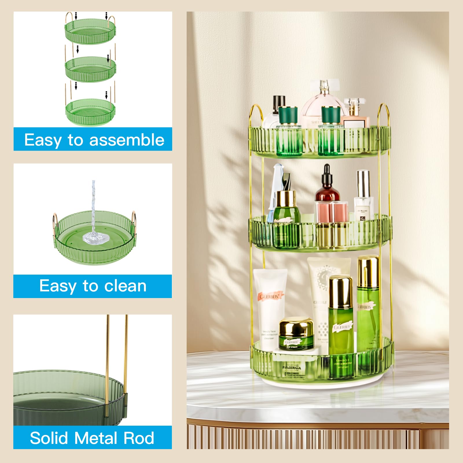 Um 360 Grad drehbarer Make-up-Organizer, große Kapazität, drehbarer Parfüm- und Kosmetik-Hautpflege-Halter für Schminktisch und Arbeitsplatte, (Gem Green, 3 Etagen)