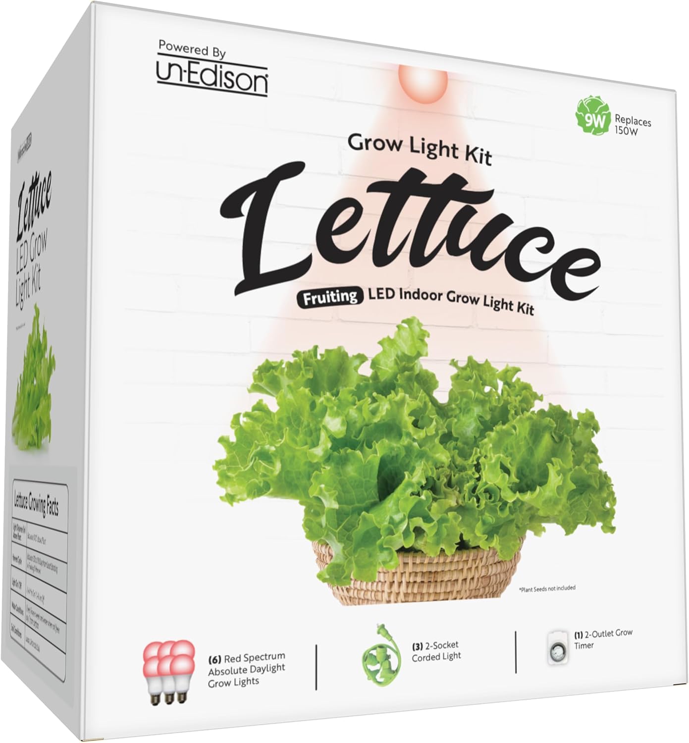 Miracle LED Unedison Lettuce DIY Indoor Grow Light Kit - 2 Red Spectrum Replace 100W Grow Bulbs, 1 2-Socket Fixture w Timer 3PCK