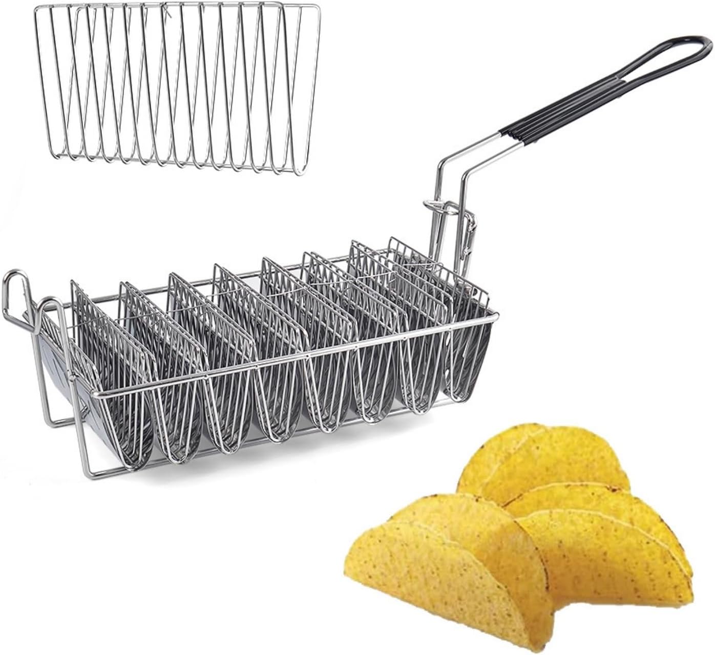 Taco Fryer Basket 8-Slot Tortilla Fryer Taco Basket Deep Fryer Taco Holders Basket with Detachable Grip Handle, Taco Shell Fryer for Burritos and Tortillas, Holds 8 Shells