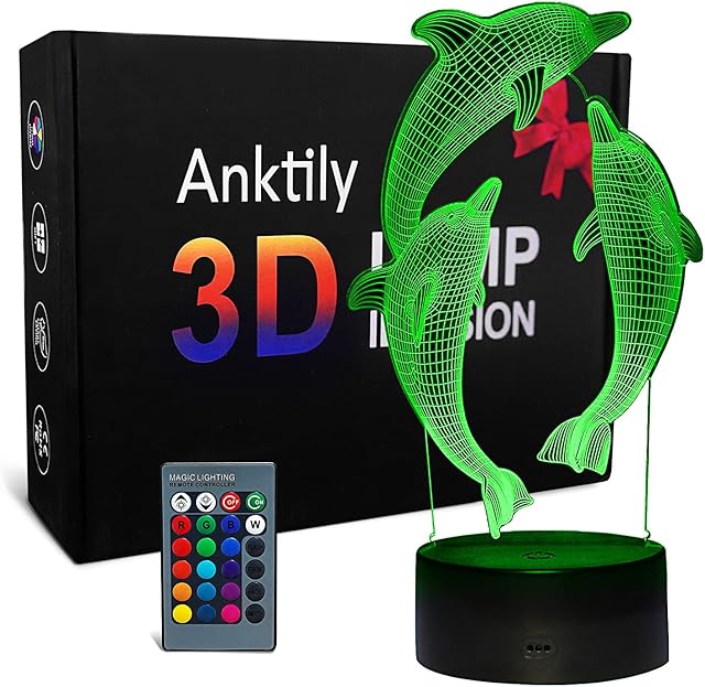 Dolphin Night Light for Kids Boys,3D Porpoise Optical Illusion Light Bedside Table Lamp with 16 Colors and Remote Control,Birthday Festival Gifts for Children and Adult