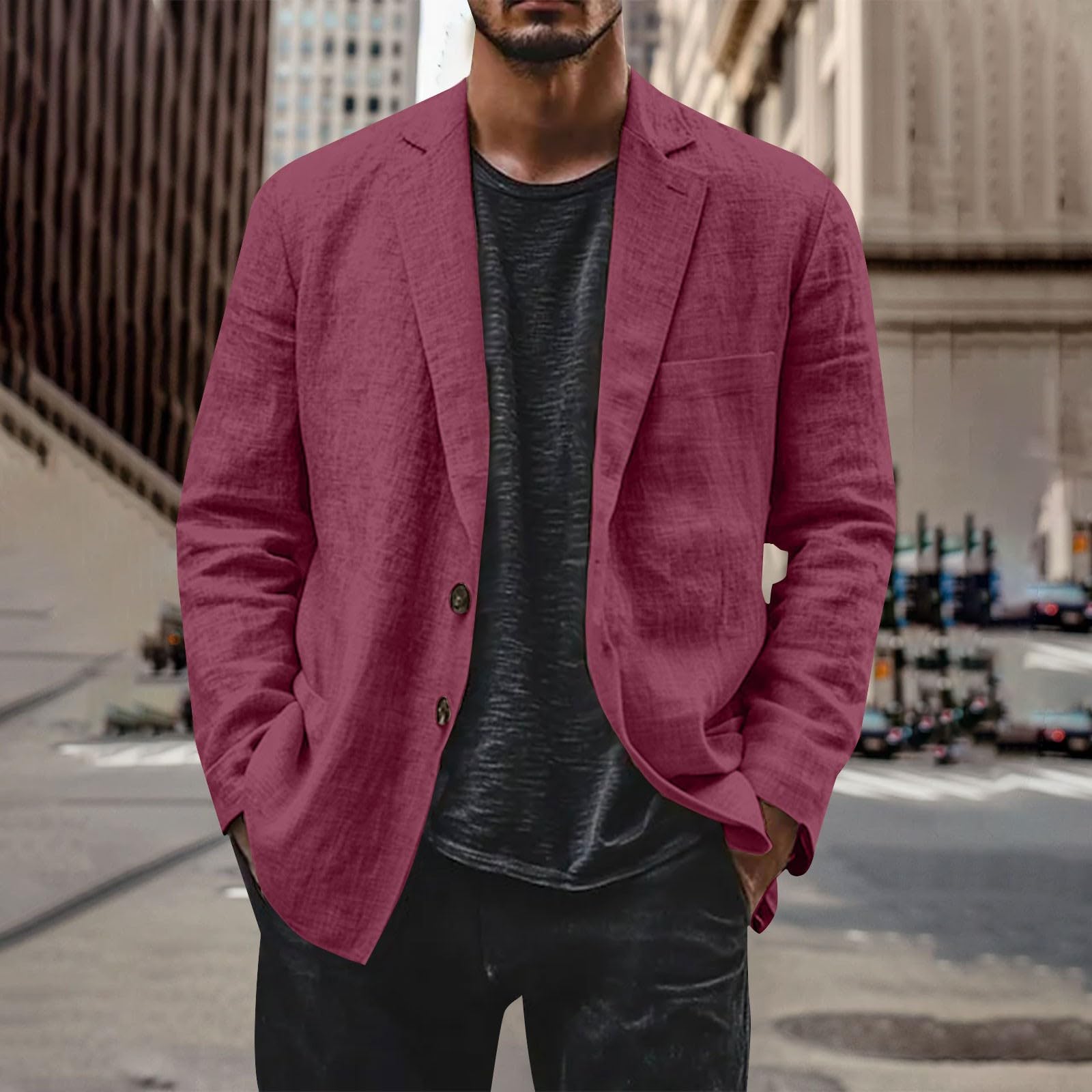 Veste d'été en lin pour homme - Blazer décontracté en coton et lin avec deux boutons - Veste simple et décontractée - Veste de costume pour les loisirs - Veste de transition pour homme - Coupe droite