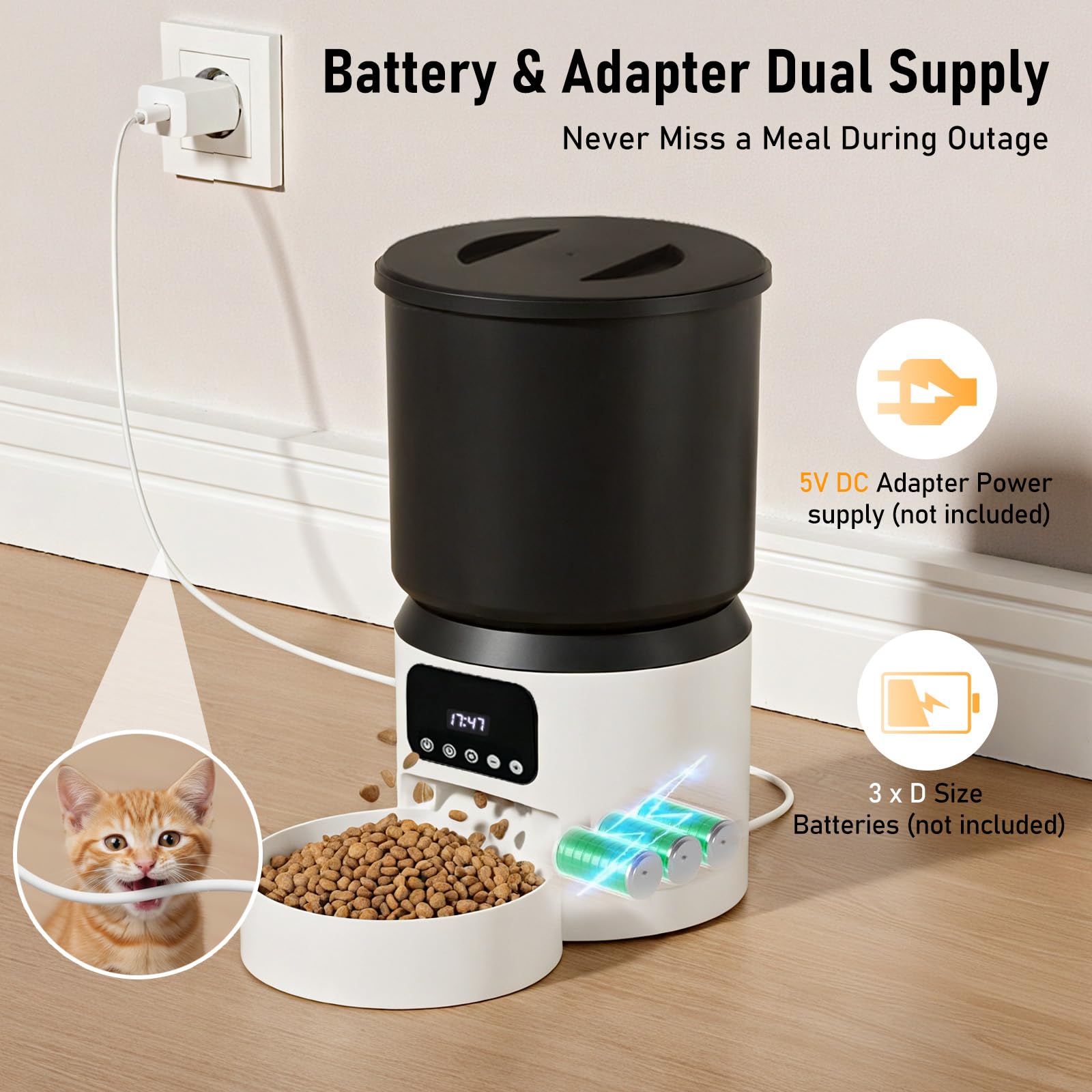 Comedero Gato Automatico, 4L Dispensador Comida Gatos y Perros, Comedero Automático para Gatos con Temporizador Programable, 1-9 Comidas al Día, Liofilizados Compatibles, para Perros/Gatos