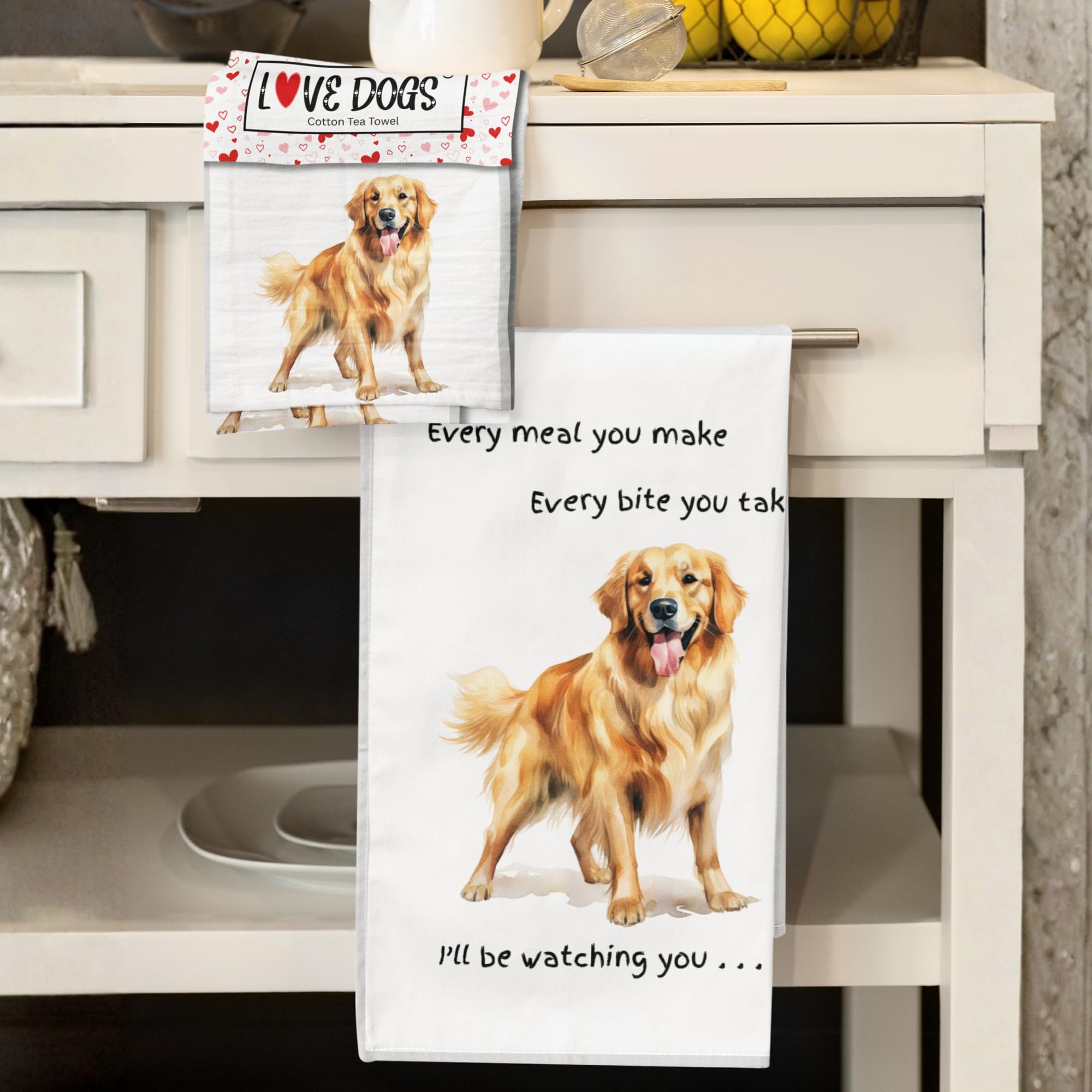 Animal Crackers White Dog Lover Novelty Tea Towel, With Dog Breed Image And 'Watching You' Funny Wording, Quality Cotton, 66Cm, Machine Washable (, Golden Retriever)