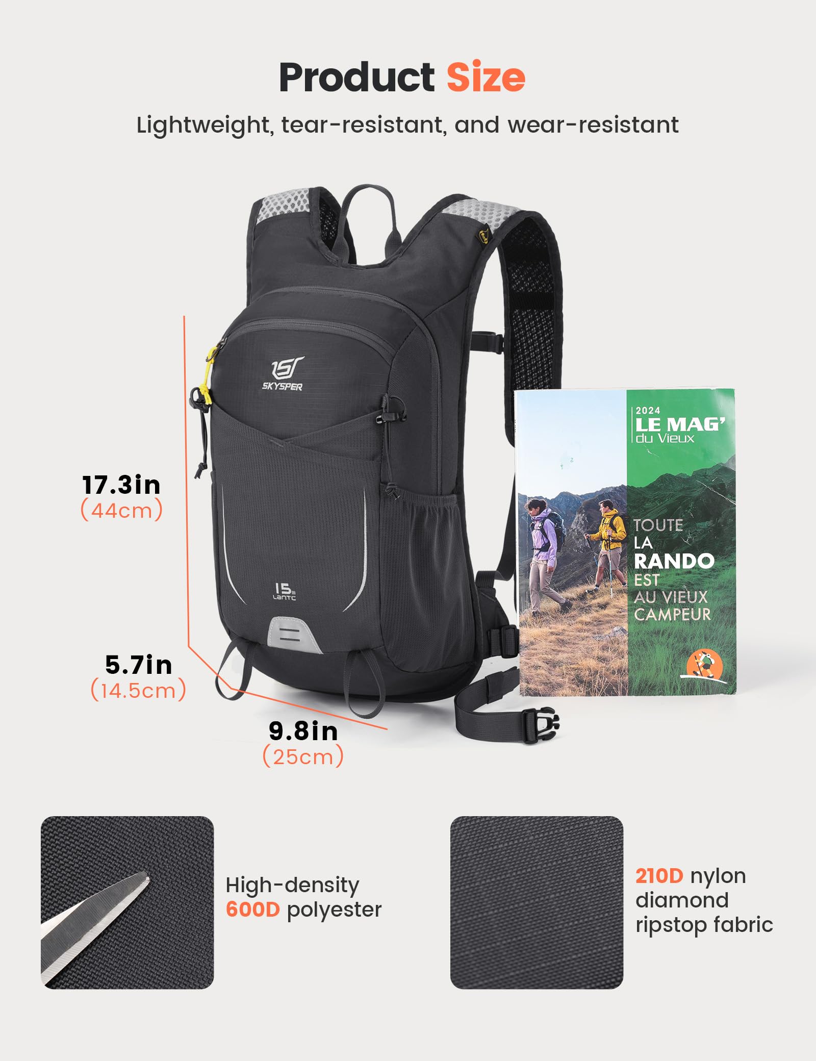 SKYSPER Lekki i oddychający plecak turystyczny o pojemności 15 l, dla mężczyzn i kobiet, do trekkingu, wędrówek, jazdy na rowerze i sportów na świeżym powietrzu, Szary, 15L