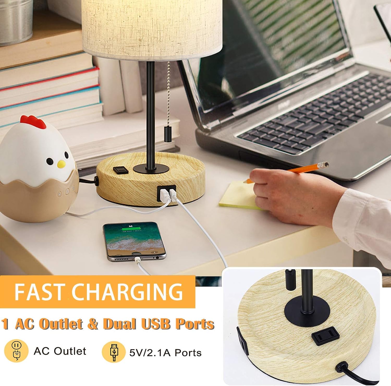HAITRAL Wooden USB Lamp-Bedside Lamp with Dual USB Port and Outlet, Dual USB Table Lamp with Pull-chain Switch Table Lamp for Bedroom, Living Room, Dorm, Farmhouse- 1 Pack