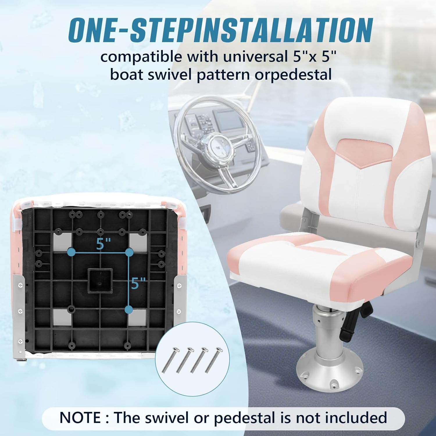 Boat Seat Low Back, Fishing Boat Seats with Thickened Sponge Padding, Waterproof Captain Chair for Jon Pontoon Canoe, Stainless Steel Screws Included