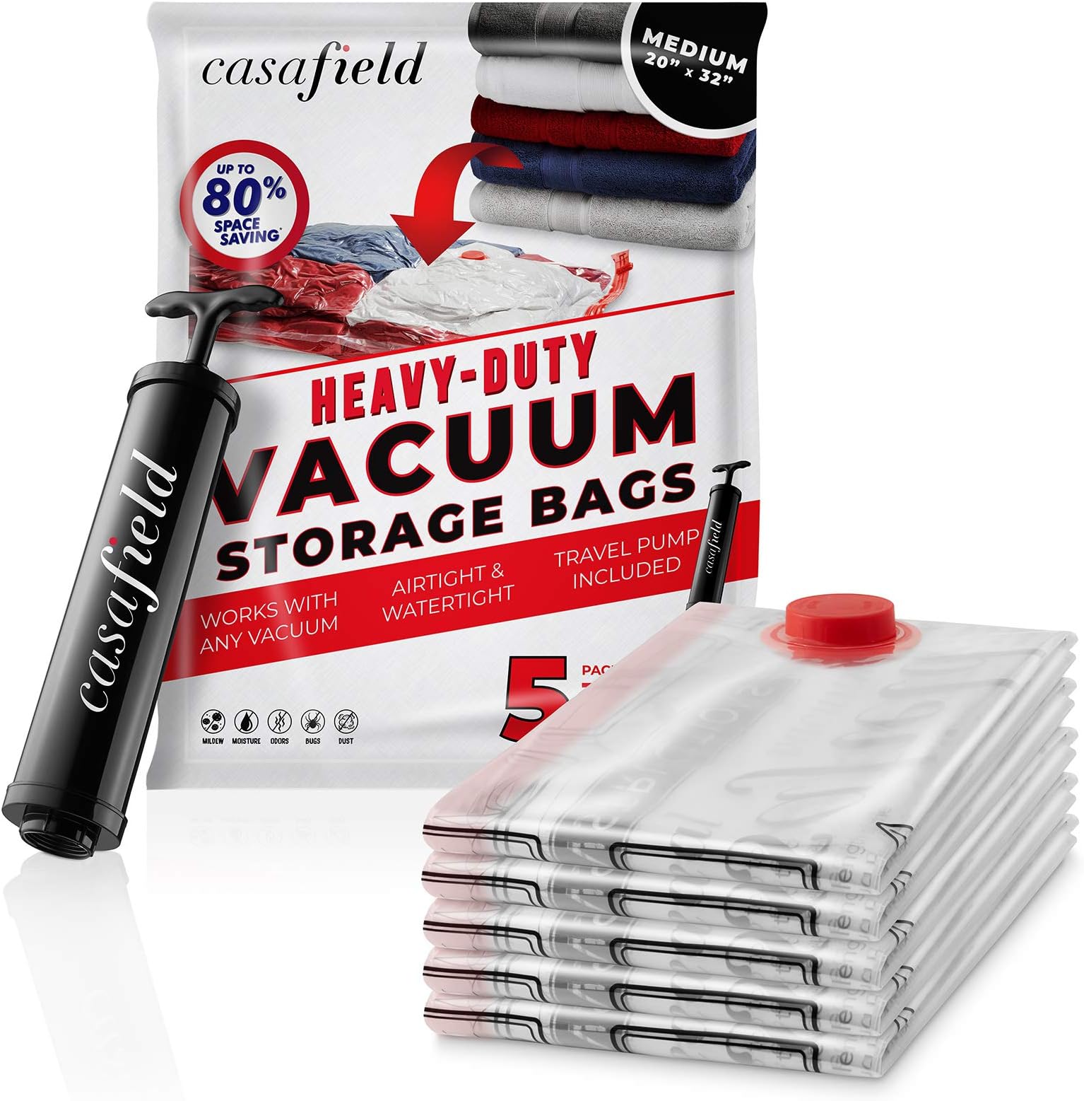 Casafield 5 Medium (32" x 20") Vacuum Space Storage Saver Bags with Travel Hand Pump - Organize, Compress & Store