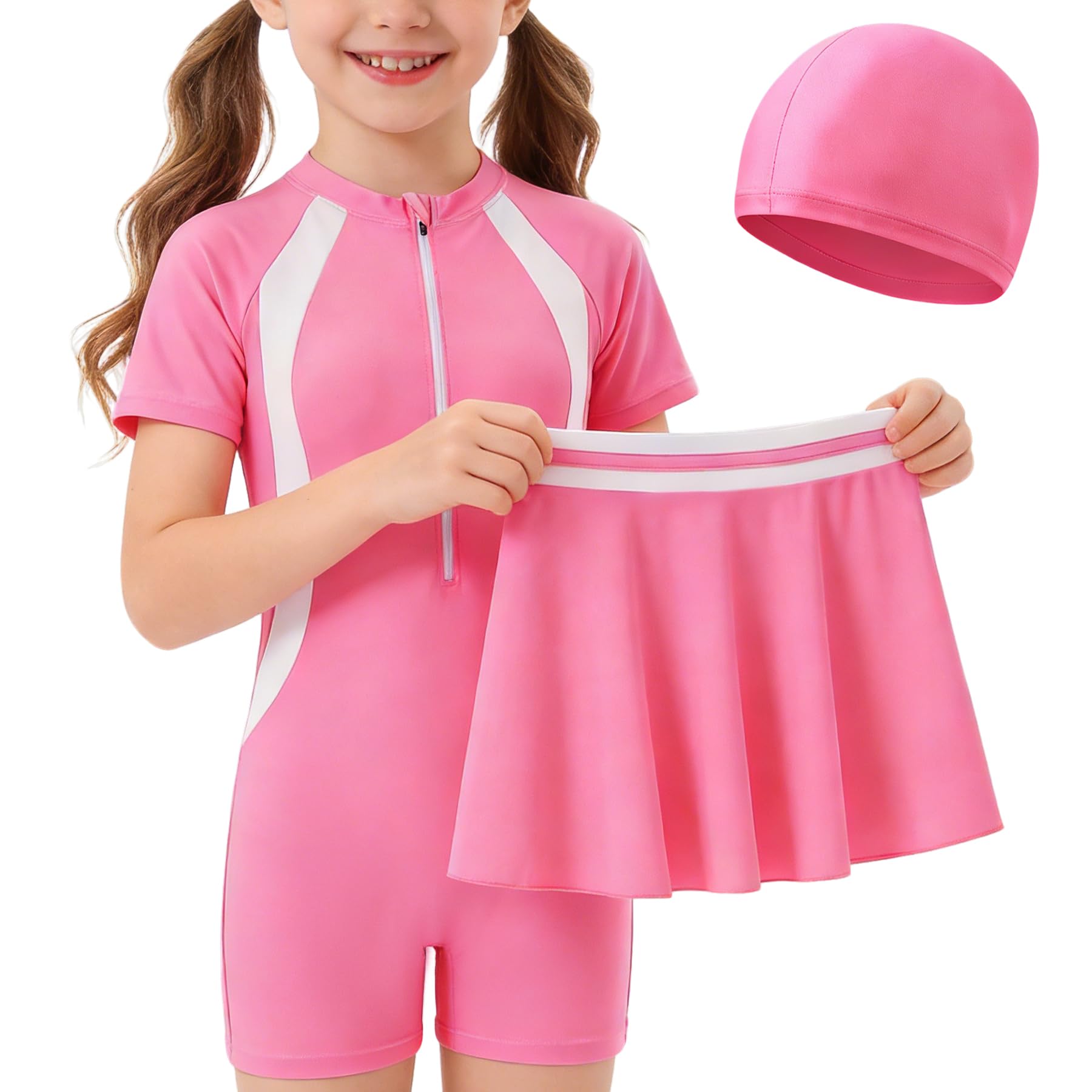 Maillot de Bain 3 en 1 pour Filles - Maillot de Bain Une Pièce à Manches Courtes avec Jupe et Bonnet de Bain, Séchage Rapide Plage Piscine Surf Maillots pour Enfants 4-12 Ans