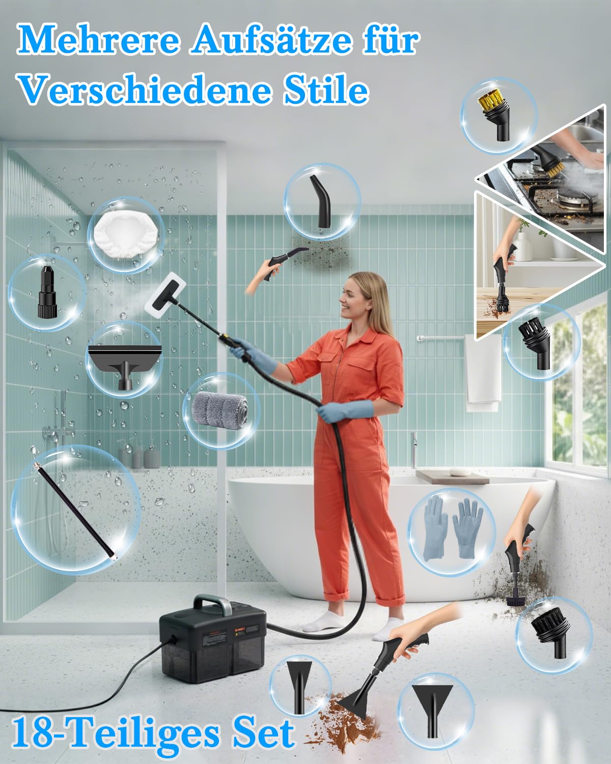 Dampfreiniger Handgerät für Alles - 2500W 6-Stufig Einstellbar, 1,6L Wassertank, 120 °C Dampf, 15s Aufheizzeit, Tragbar mit 10 Zubehörteilen, Dampfreinigung für Boden