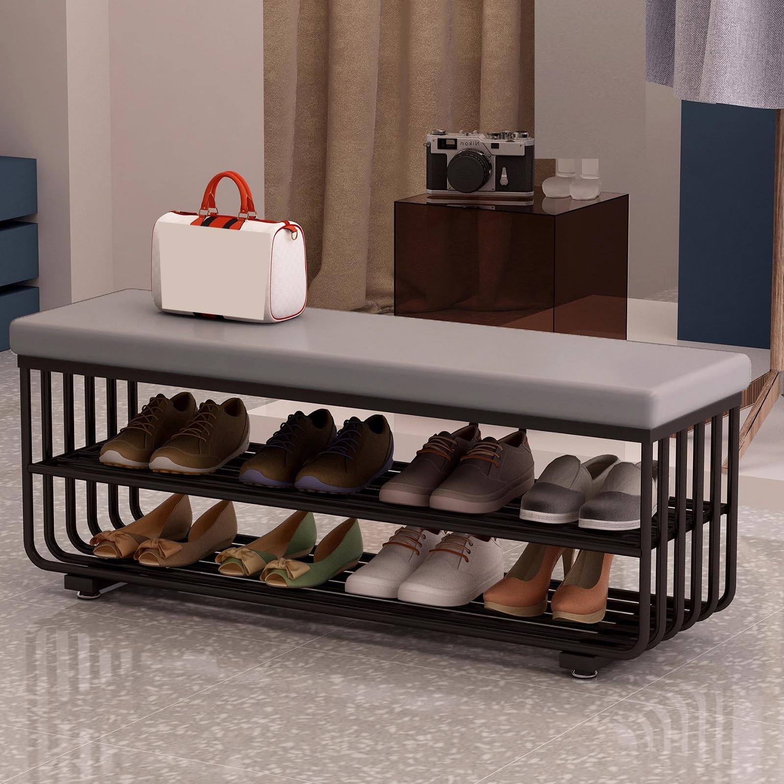 Étagère à chaussures avec assise mousse 8 cm et structure robuste en fer