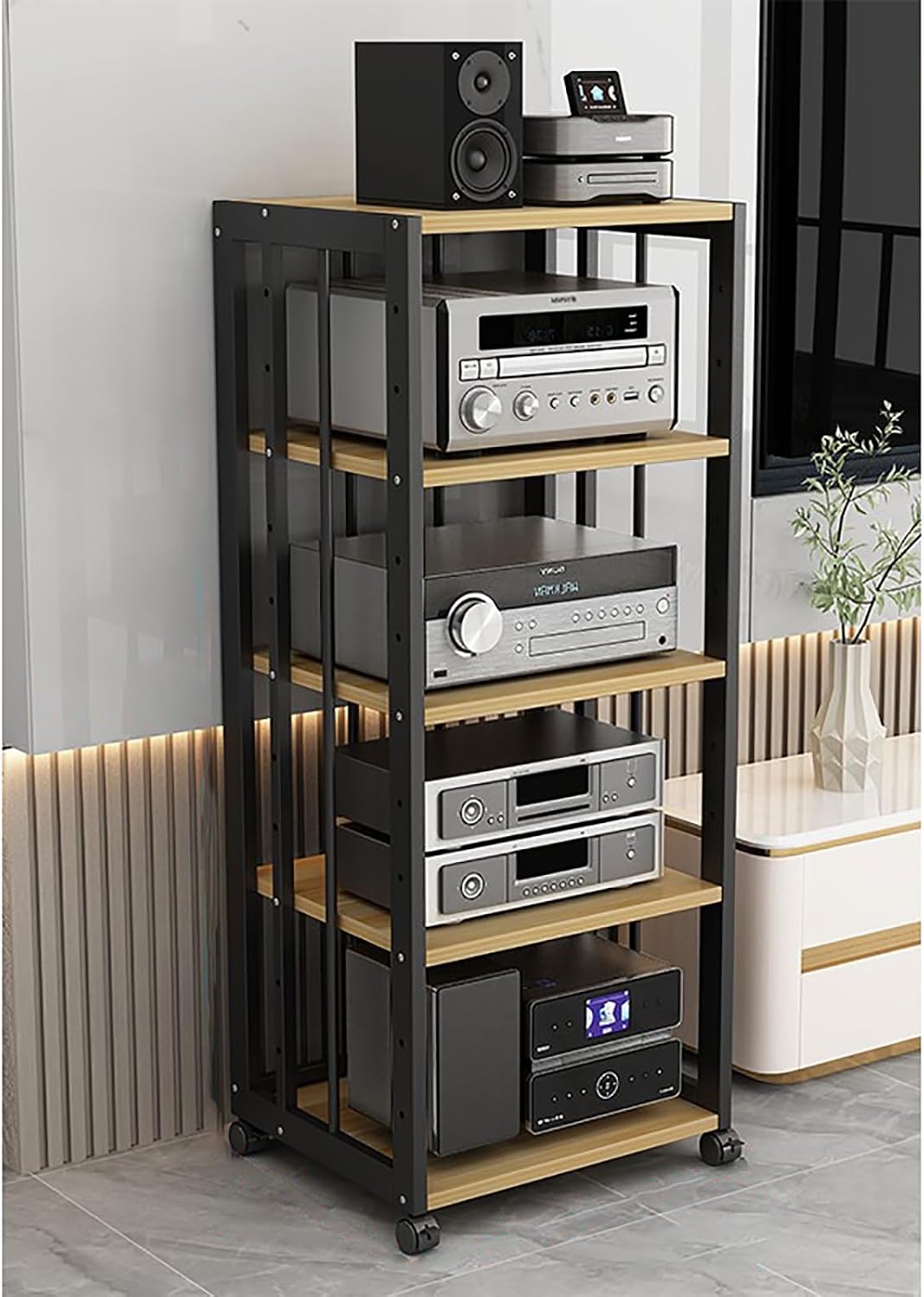 Sturdy Mobile Tower Rack Stand with Height-Adjustable Shelves Easy Assembly - Ideal for Meeting Gaming and Recording Rooms - Wood Design
