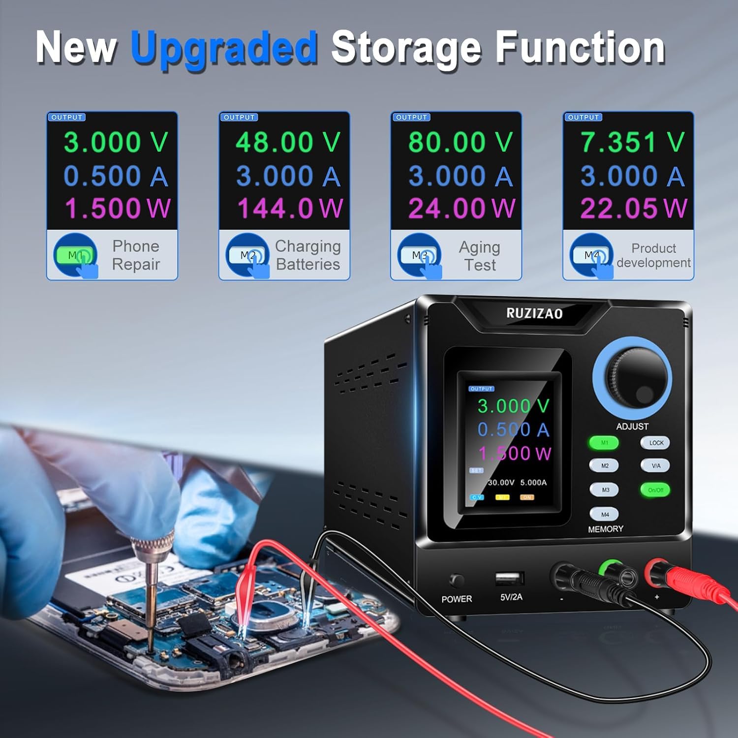 Alimentatore da Laboratorio Programmabile 30V 10A, Alimentatore da Banco Regolabile con Software, Manopola Encoder, Memoria, Interruttore di Uscita, Pulsante di Blocco e Porta di Ricarica USB