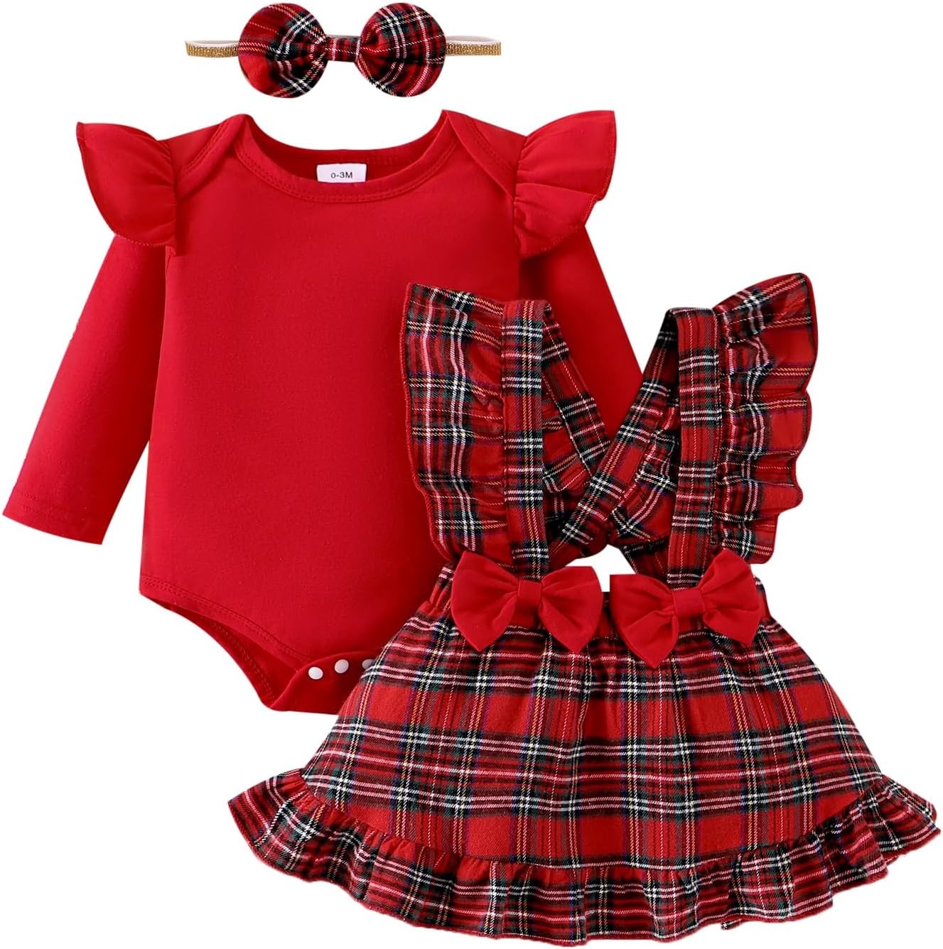 My First Christmas Baby Girl Outfits Infant Clothes Suspender Skirt + Ruffled Romper Dress + Bow Headband 0-24 Months