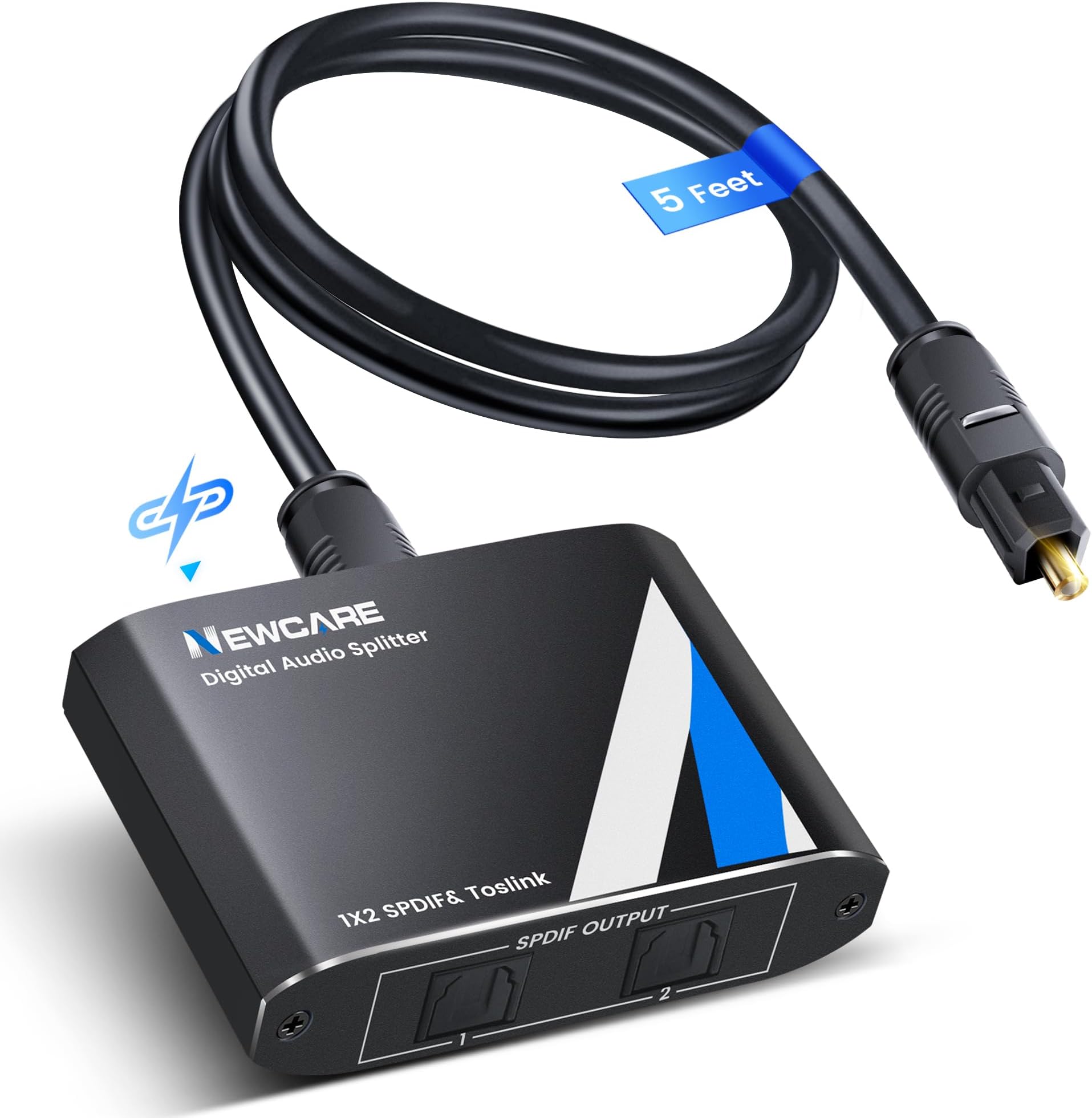 NEWCARE Digital Optical Splitter 1 in 2 Out,SPDIF Toslink Optical Audio Cable Splitter 1x2 Support LPCM2.0 Doldy Digital & DTS 5.1 for Xbox,PS4,PS5,DVD,TV Box,Home Theatre, Receiver,Sound Bar