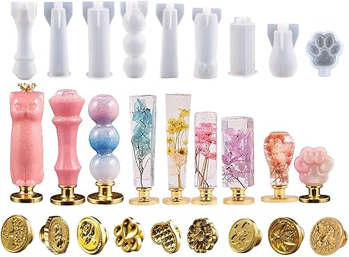 9 moldes de mango de sello de cera con 9 sellos de cera, moldes de mango de silicona para resina epoxi, molde de fundición de resina para sellar