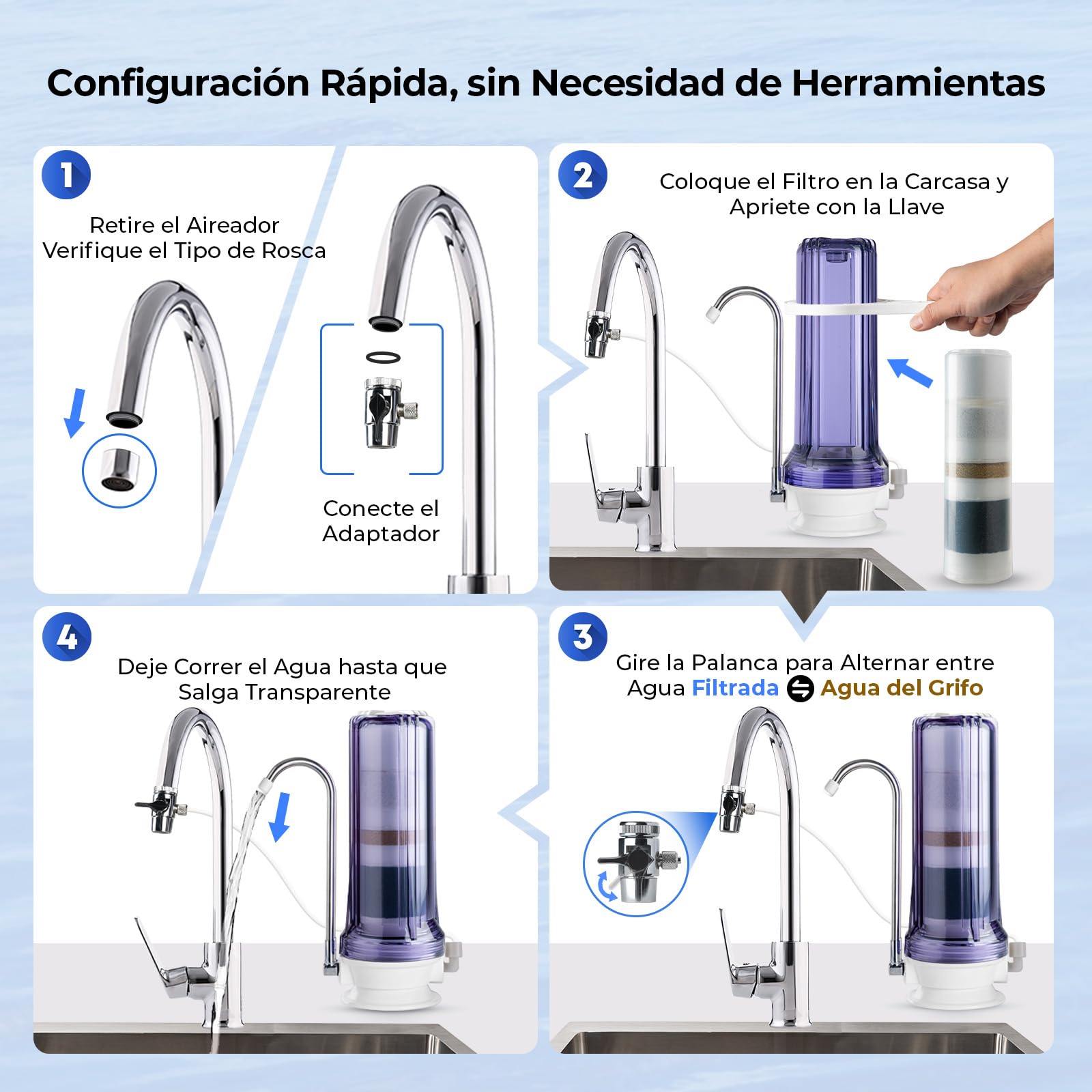 iSpring CT10-CL Filtro de Agua para Grifo Multietapa de Encimera | Sistema de Filtrado Multietapa, Adaptador Versátil para Grifo, Filtro de Agua Potable, Fácil Instalación