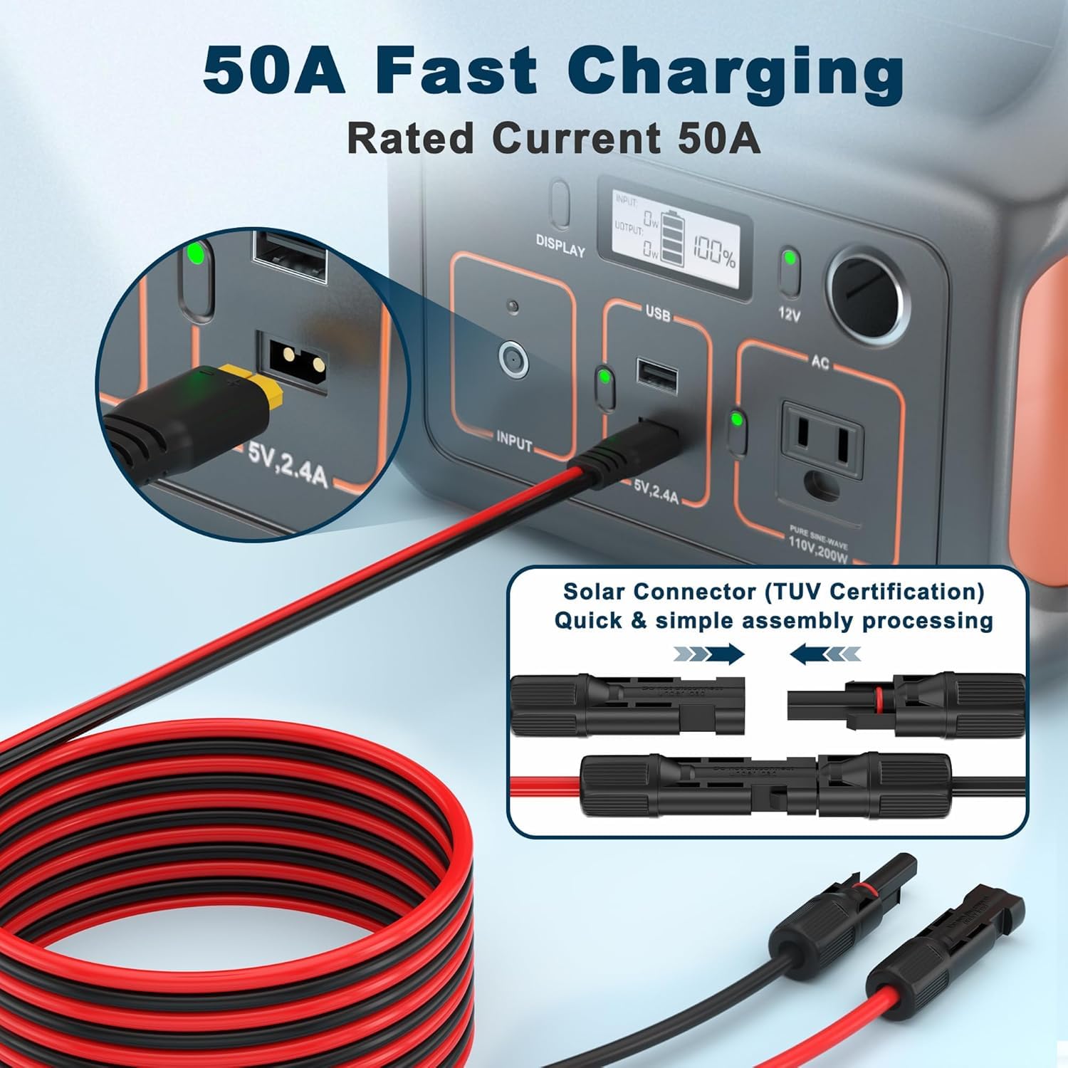 Cable solar de expansión de 12 AWG para generador de energía solar/RV panel solar plegable/central eléctrica portátil (conector XT60, 100 ft)