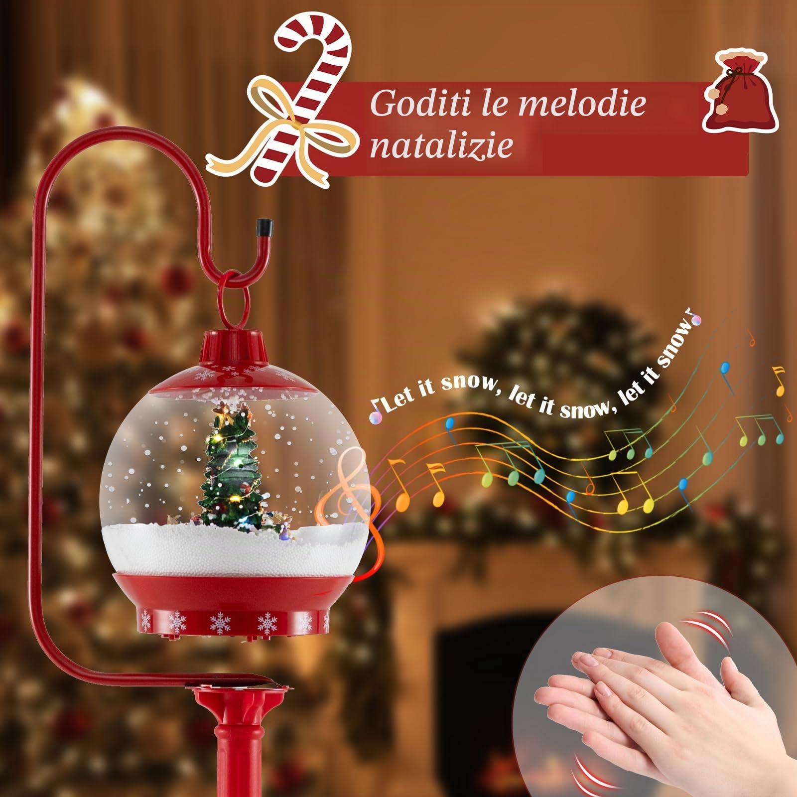 SOARS Decorazioni Natalizie, Lampione Natalizio con Neve 170 CM, Musica, Lanterna Natalizia Sfera di Cristallo Girevole a 360°, Fiocchi di Neve, Albero di Natale, Addobbi Natalizi per Esterno Interno
