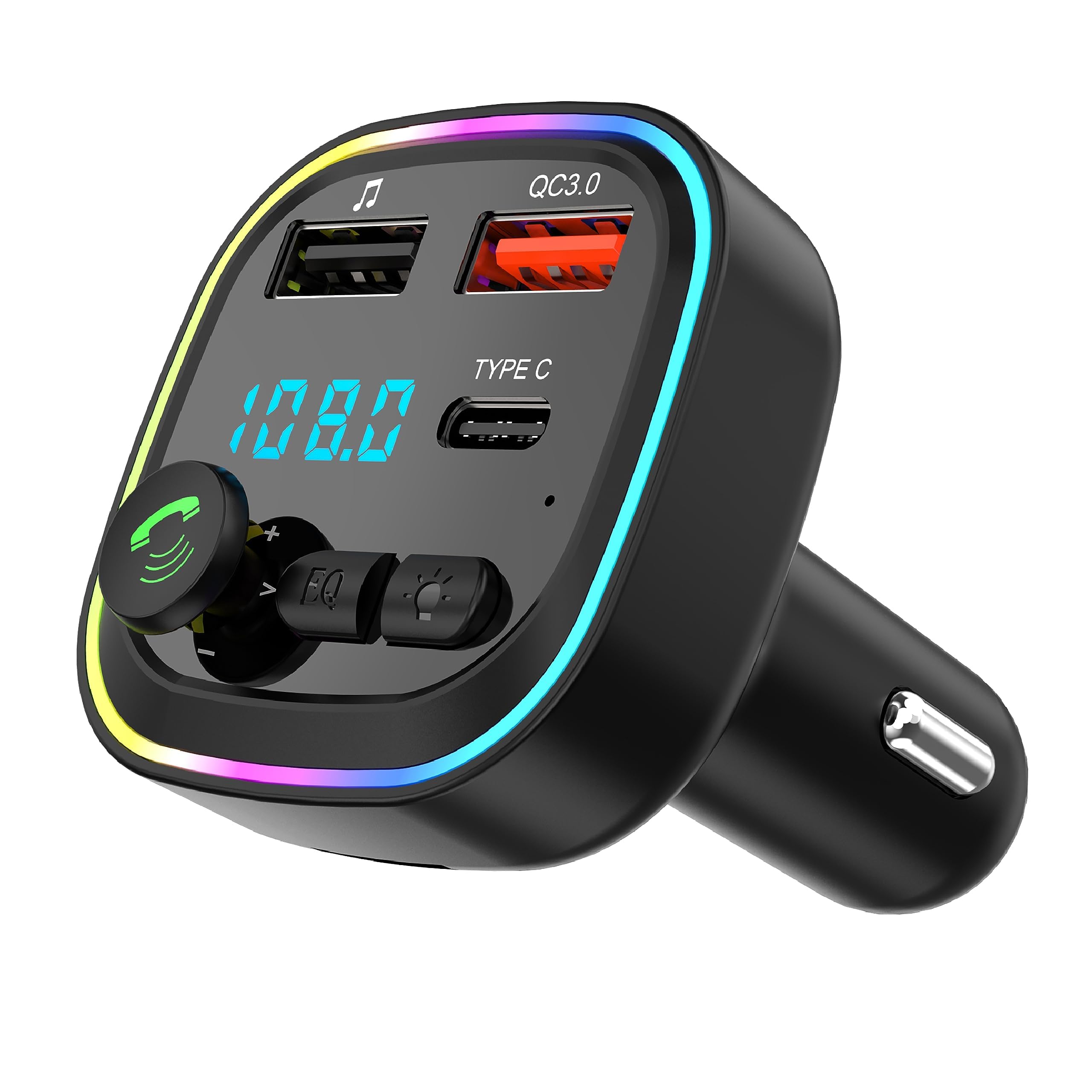Trasmettitore FM Bluetooth 5.3 per Auto, Adattatore Audio Radio, QC3.0 Wireless Kit MP3, 2 porte USB e 1 Type-c, Chiamata Vivavoce, Supporta USB/TF/micro SD