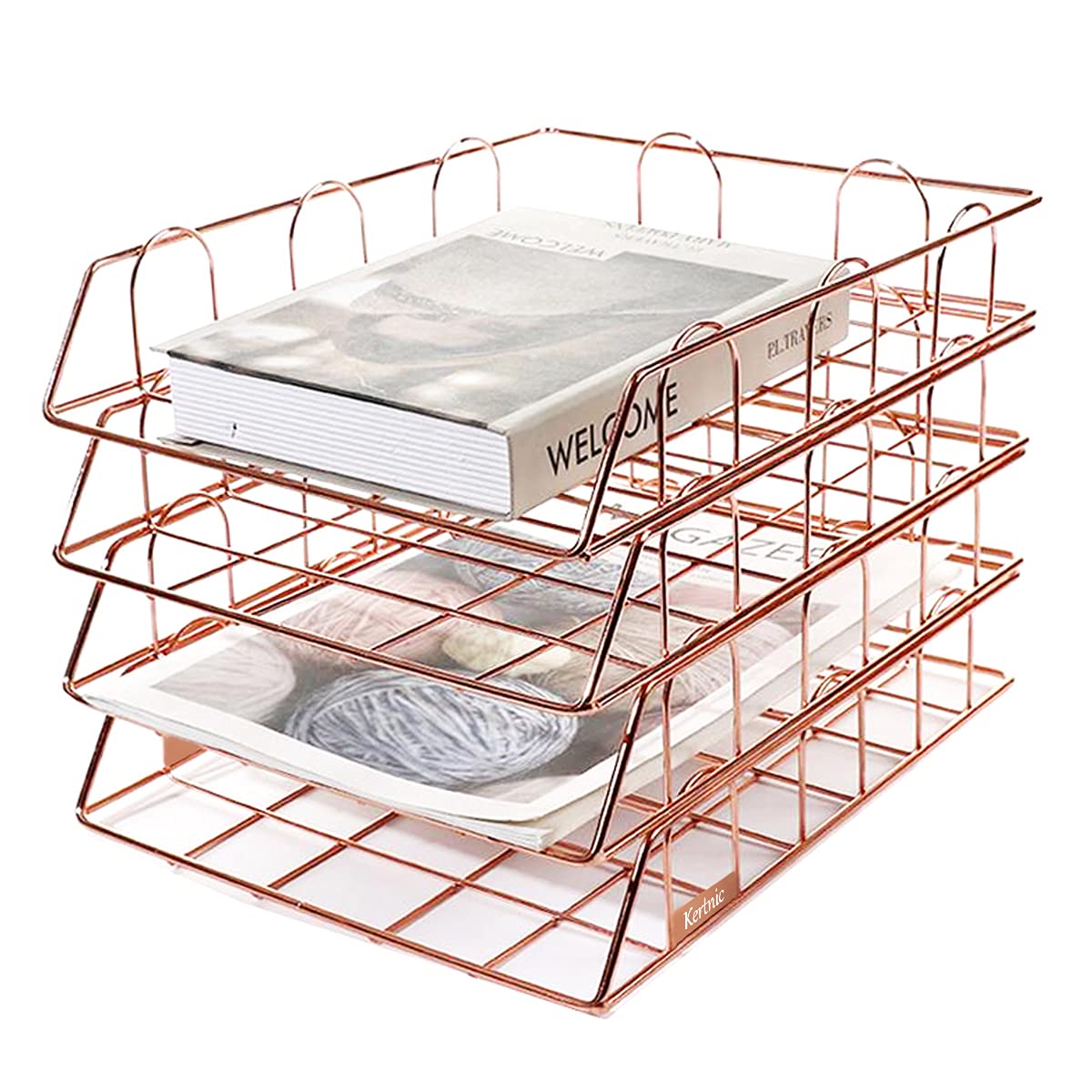 Kertnic 4-Tier Stackable Paper Tray Desk Organizer, Rose Gold Metal Letter Trays for File Documents,