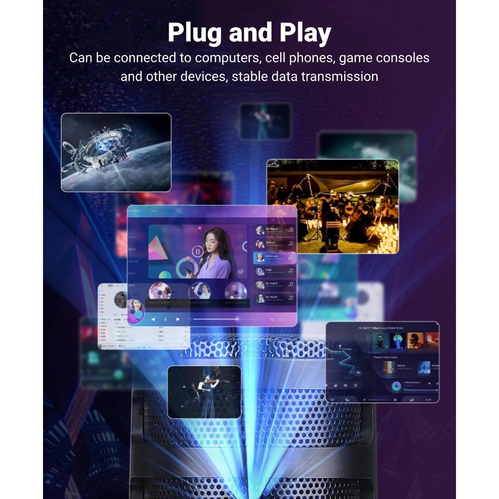 Yanmis Micrófono USB para Juegos para PC, Micrófono de Condensador con Silencio Rápido, Efecto de Luz Ambiental Colorido, Ajuste de Ganancia de Volumen para Podcasting, Transmisión en