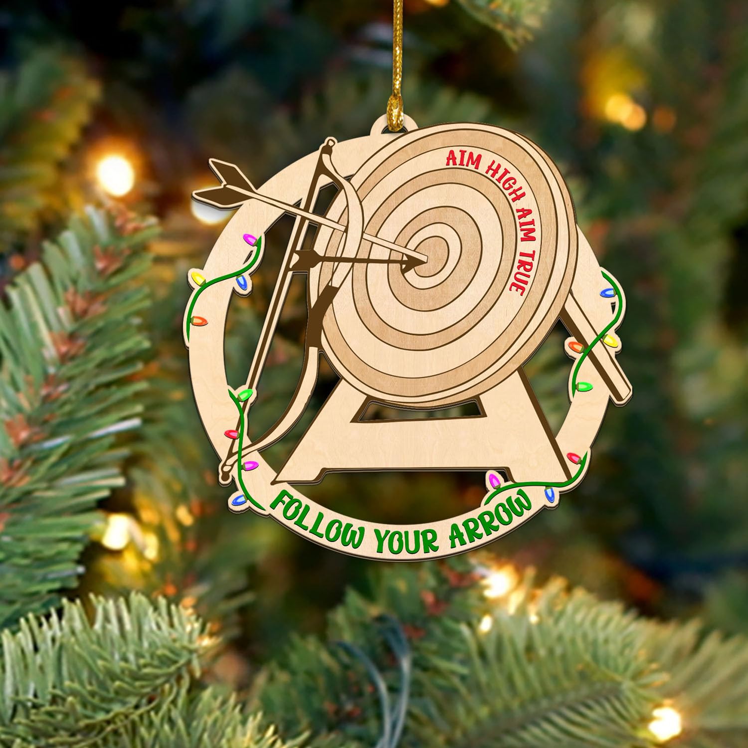 Archery Christmas Wooden Ornament, Archer Hanging Ornament for Tree, Archery Bow, Arrow & Target Ornaments, Sport Xmas Home Decoration, Keepsake Gift for Archer Men Women, Aim High Aim True