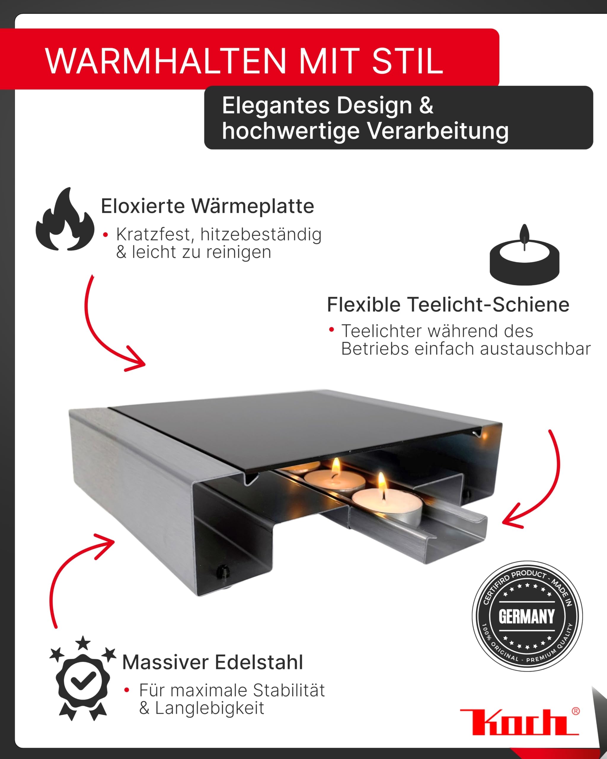 Koch Stövchen Warmhalteplatte 18 x 23,5 cm Edelstahl Rechaud Speisenwärmer
