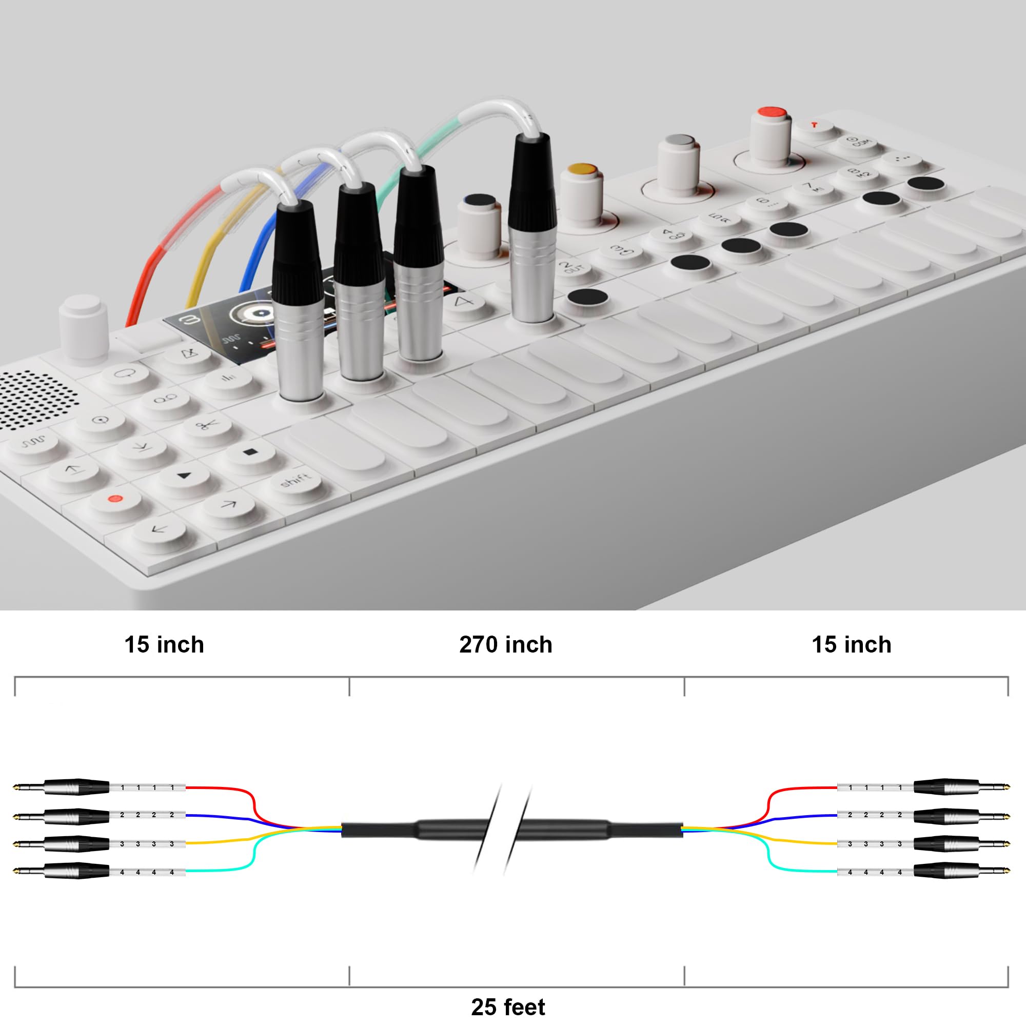 PRORECK Cavo a serpente da 7,6 m, cavo audio schermato a 4 canali, TRS da 1/4" a TRS da 6,35 mm, con connettori contrassegnati a colori per palcoscenico professionale, studio e live (PR-TRS/TRS-4 x