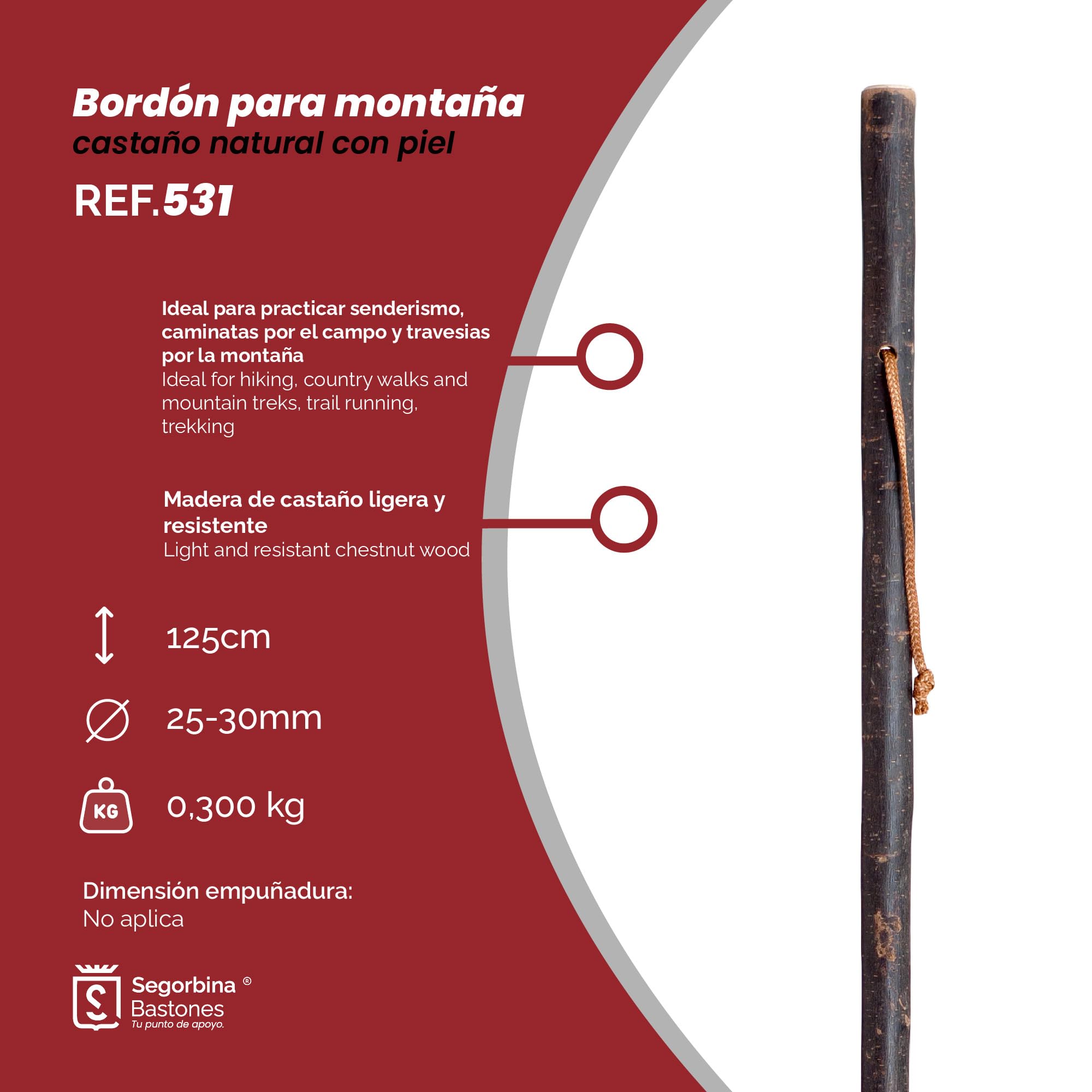 Bastone Da Trekking In Legno Naturale Con Punte Metalliche - 125 Cm, Per Escursionismo E Camminate