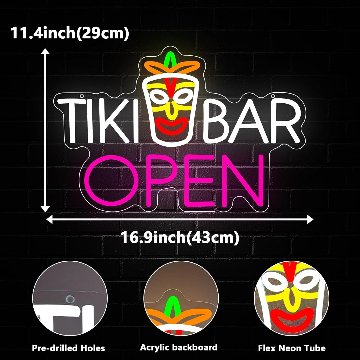 Tiki Bar Neon Sign, Tiki Bar Led Light Signs for Wall Decor Open Hawaii Tropical Luau Party Decorations for Pub Bistro Night Club Home Man Cave Dimmable USB Powered Pink(16.9"*11.4")