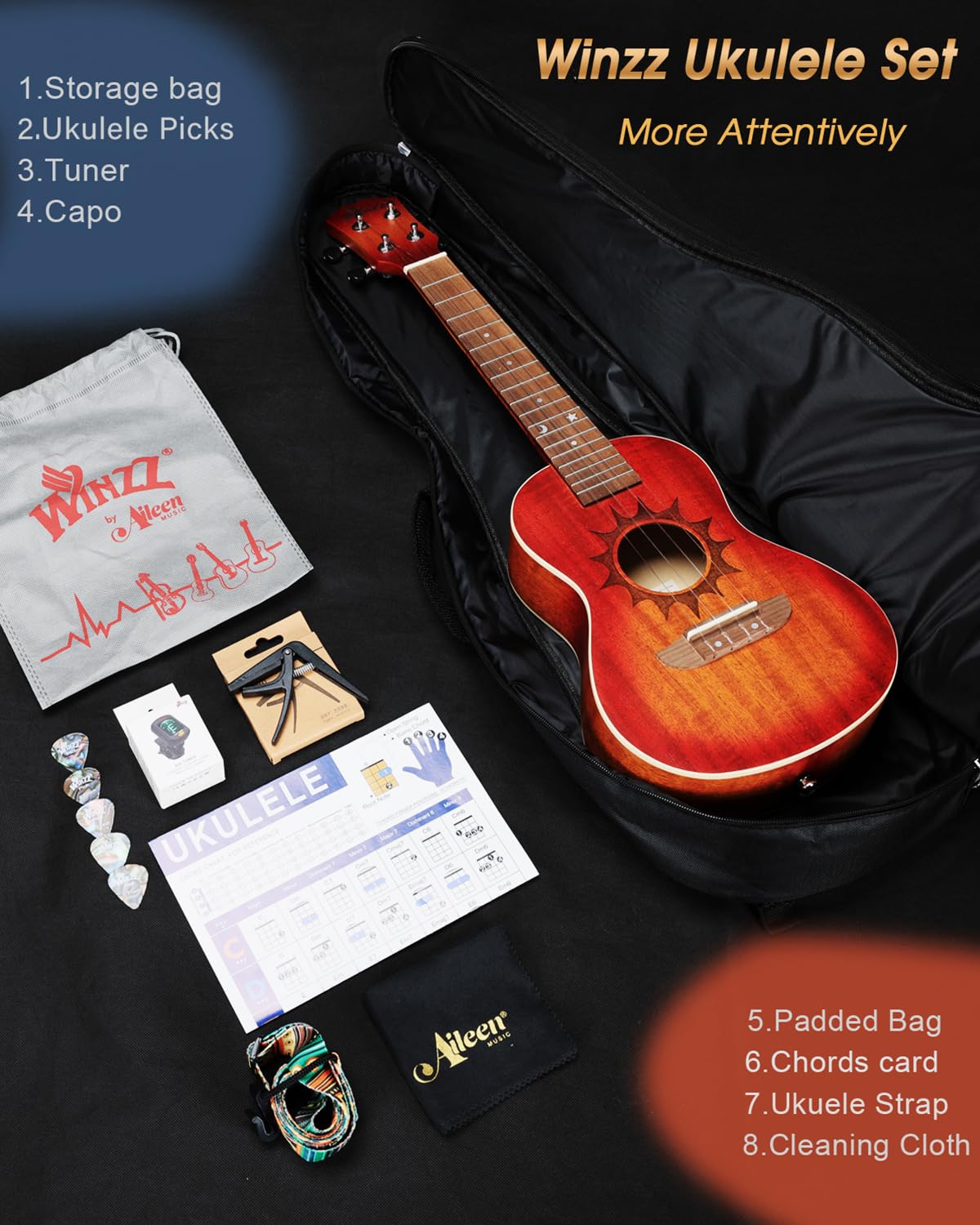 Winzz Ukulélé de Concert 23 Pouces en Acajou pour Adultes et Débutants - Kit de Démarrage, Cadeau Unique pour Enfant, Design Unique (Cordes Carbone, Matte Sunburst)